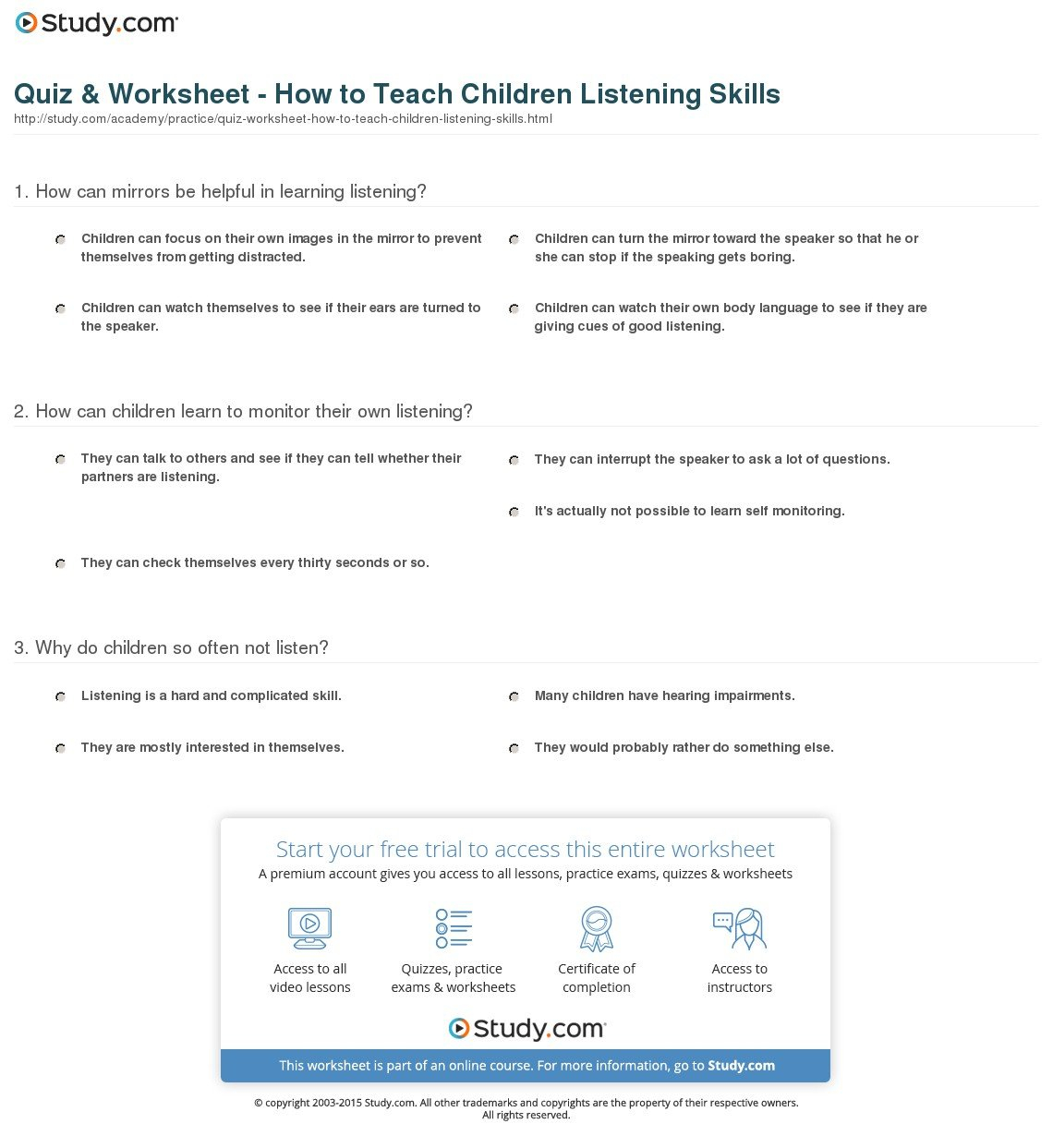 Quiz  Worksheet  How To Teach Children Listening Skills  Study In Listening Skills Worksheets