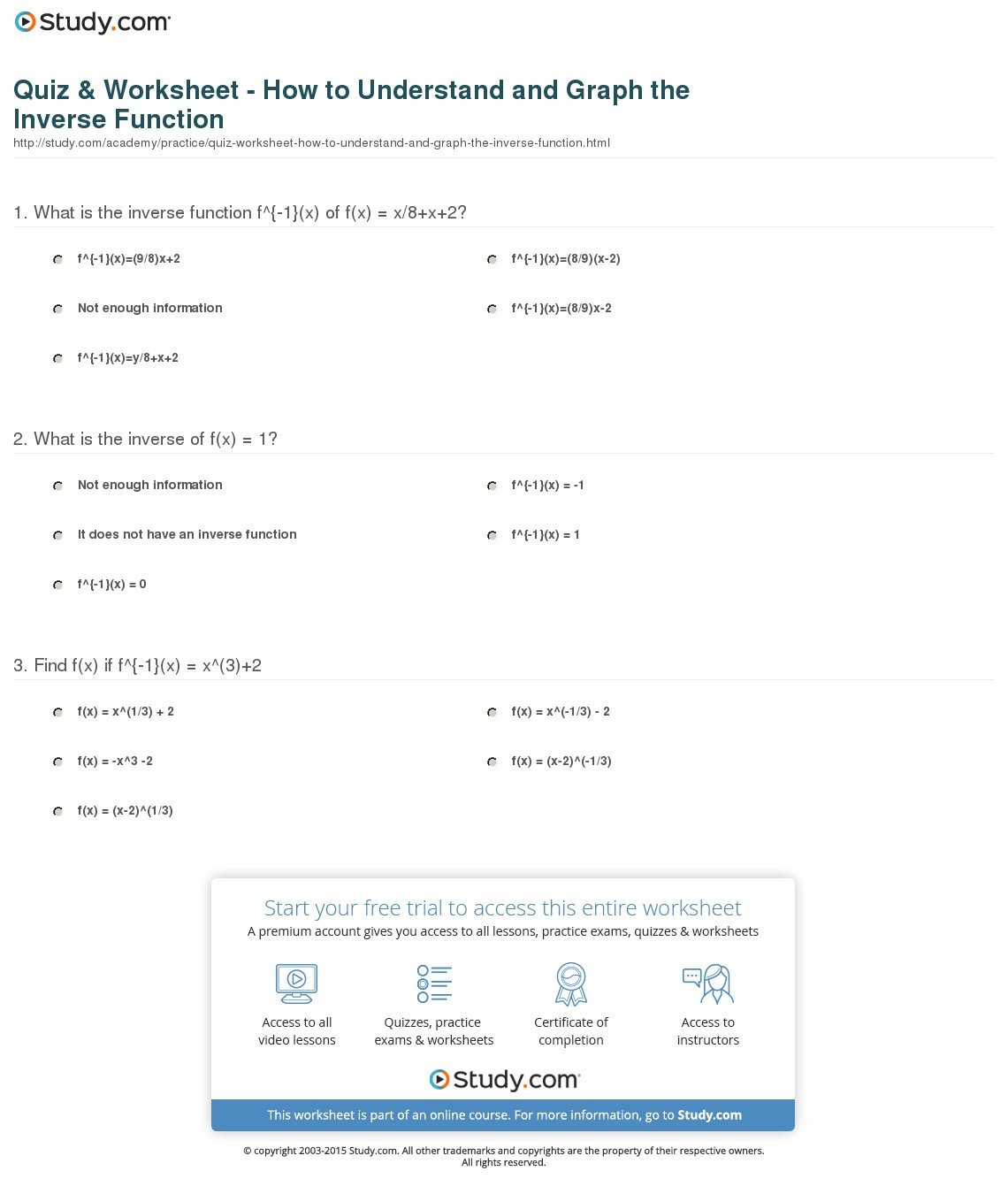 Quiz  Worksheet  How To Understand And Graph The Inverse Function With Regard To Graphing Inverse Functions Worksheet