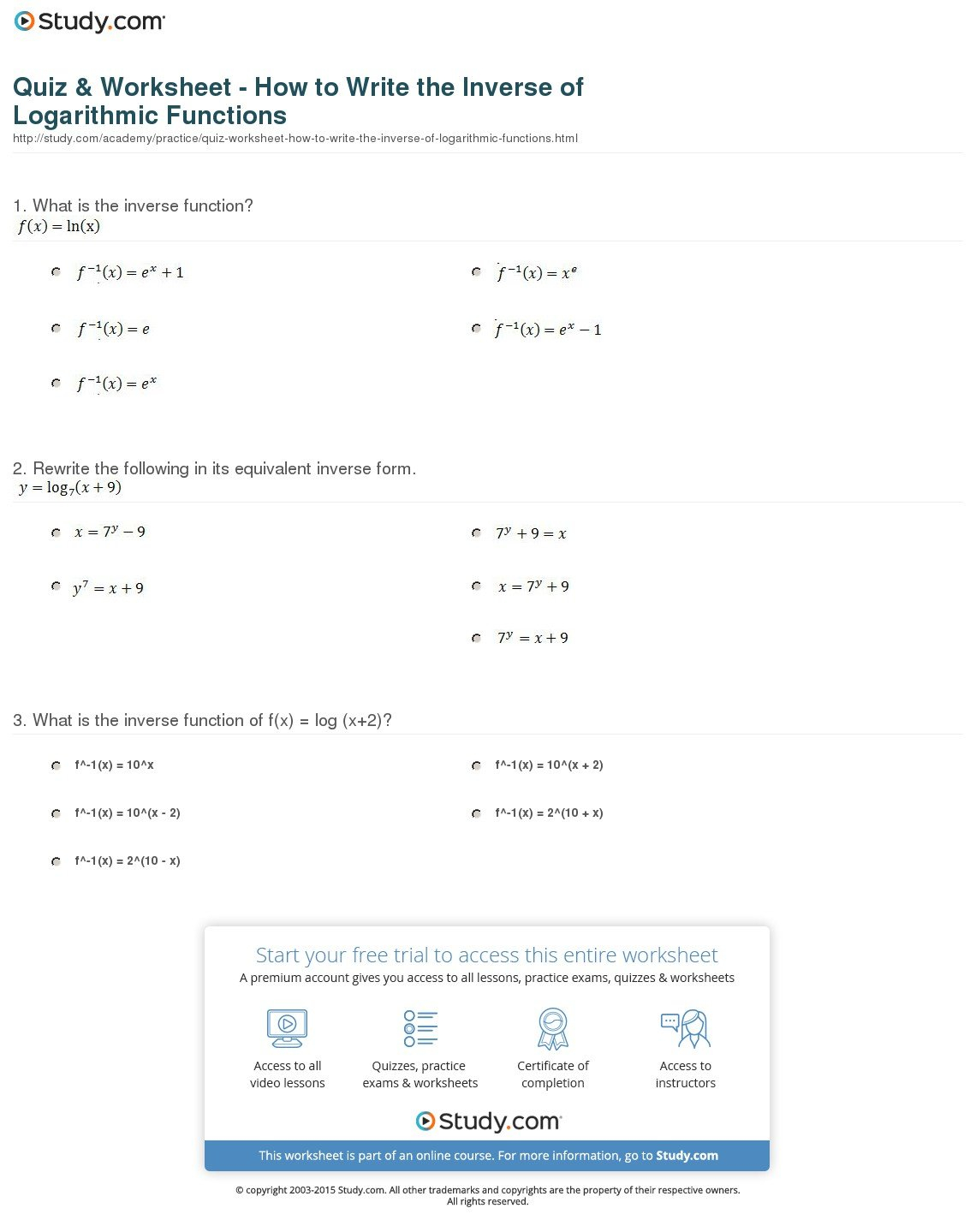 Quiz  Worksheet  How To Write The Inverse Of Logarithmic Functions Inside Evaluating Logarithms Worksheet