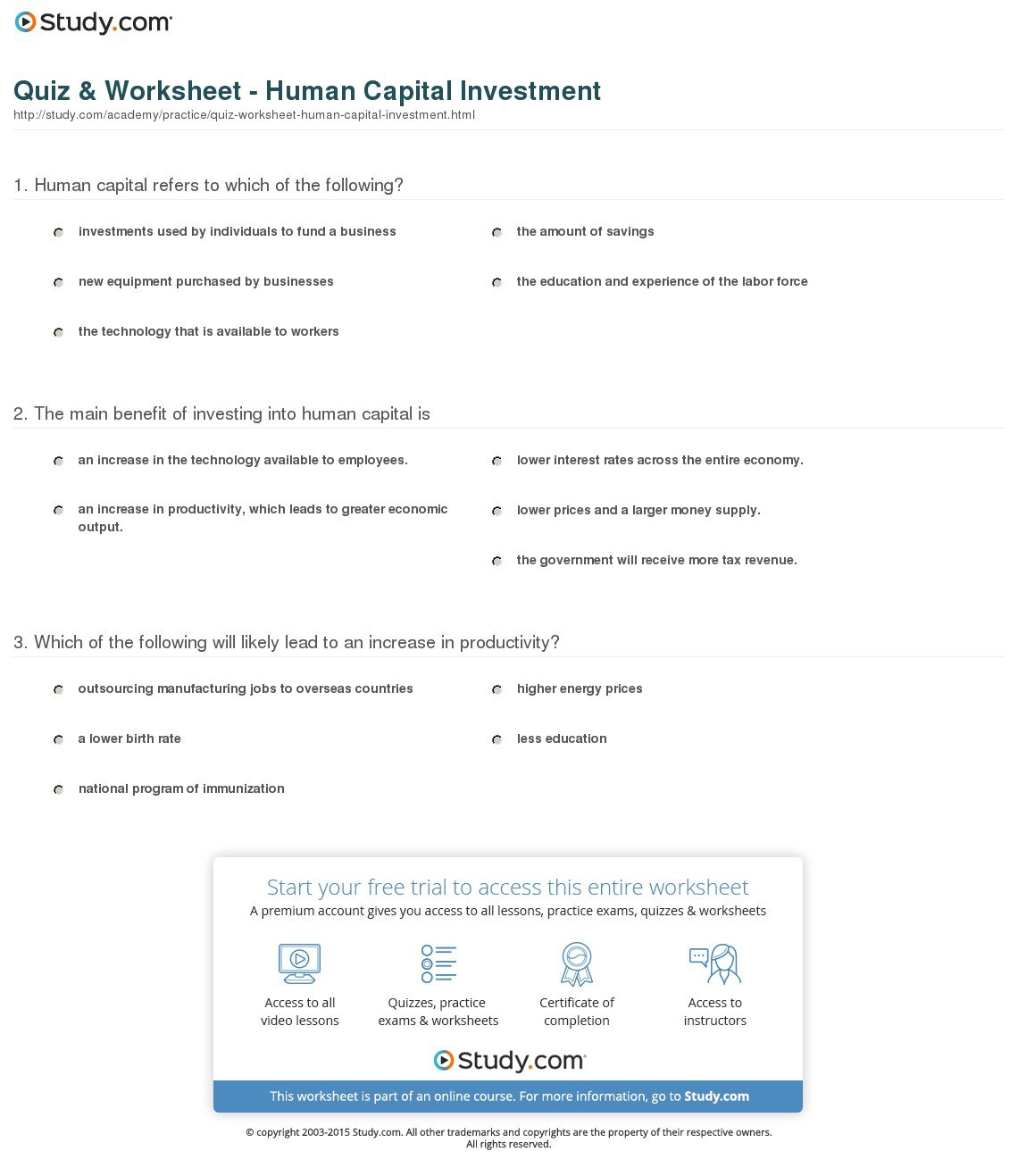 Quiz  Worksheet  Human Capital Investment  Study Along With Name That Investment Worksheet