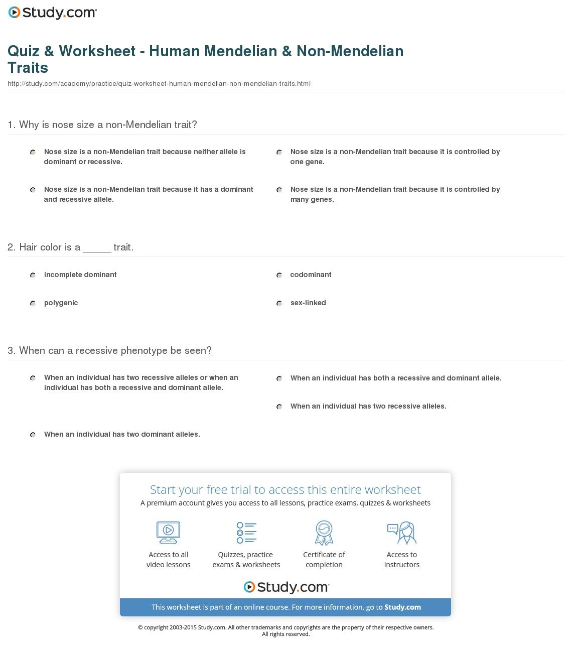 Quiz  Worksheet  Human Mendelian  Nonmendelian Traits  Study Along With Mendelian Genetics Worksheet