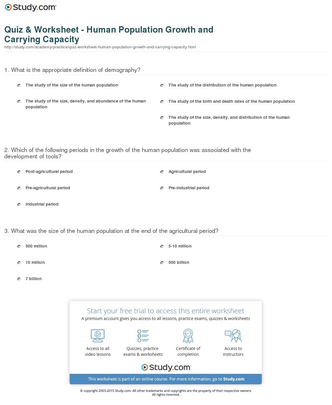 Quiz  Worksheet  Human Population Growth And Carrying Capacity Along With Human Population Growth Worksheet Answers