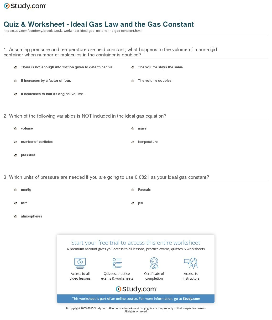 Quiz  Worksheet  Ideal Gas Law And The Gas Constant  Study With The Gas Laws Worksheet