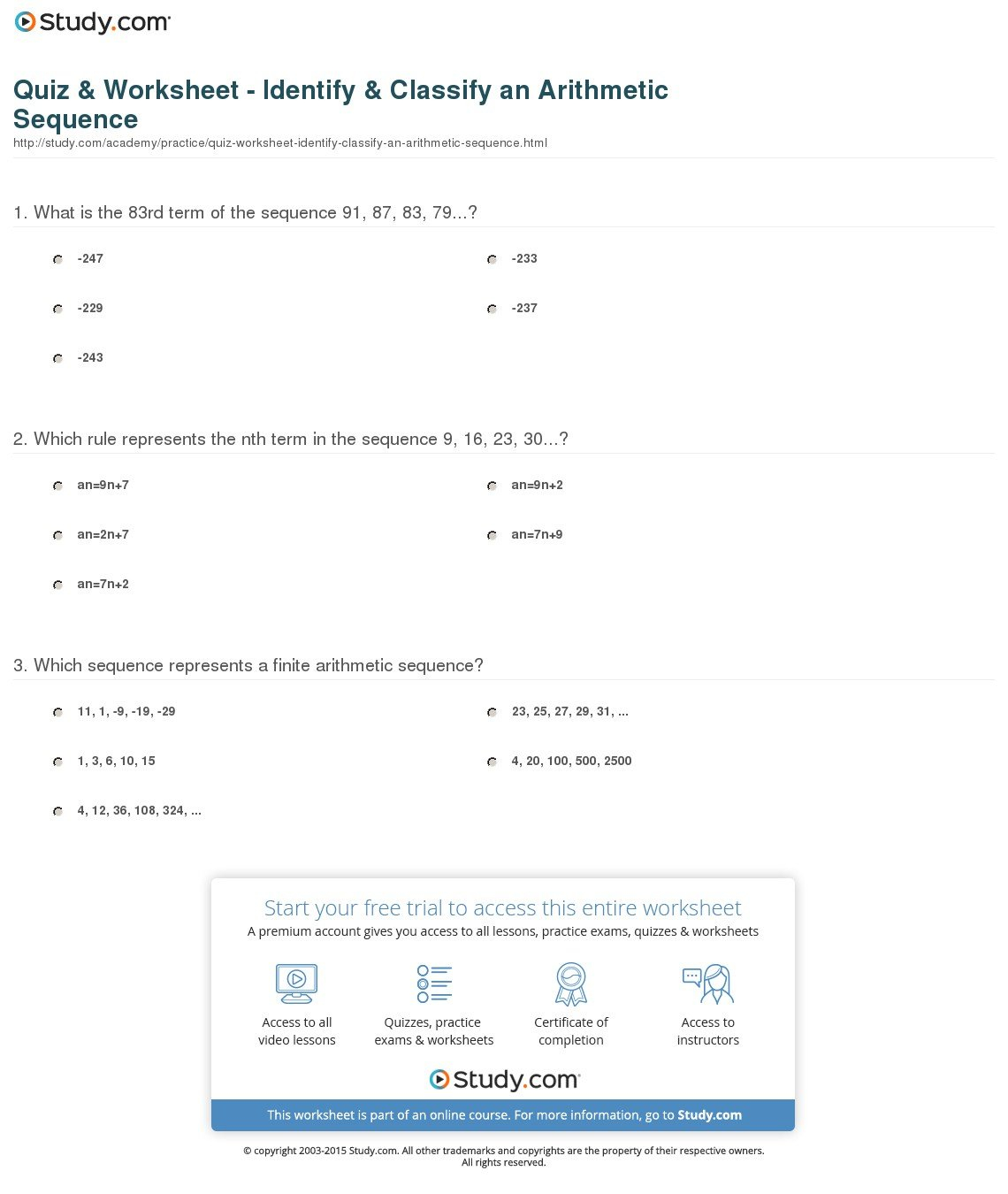 Quiz  Worksheet  Identify  Classify An Arithmetic Sequence As Well As Arithmetic Sequence Practice Worksheet