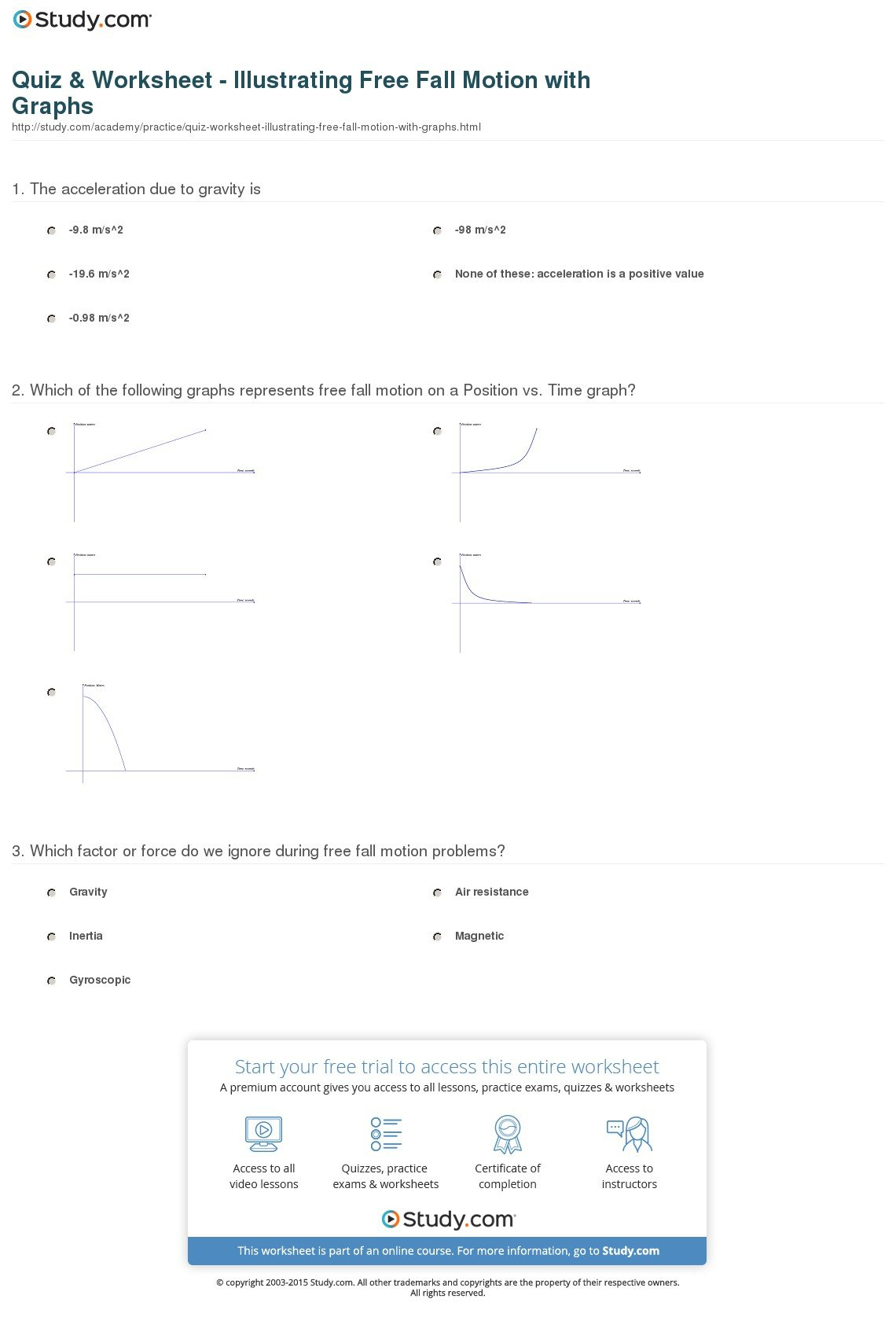 Quiz  Worksheet  Illustrating Free Fall Motion With Graphs  Study For Acceleration And Free Fall Worksheet Answers