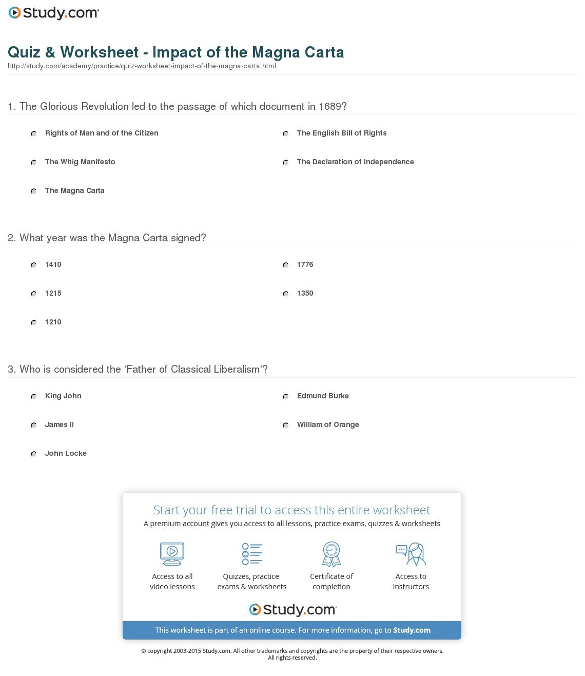 Quiz  Worksheet  Impact Of The Magna Carta  Study Along With Magna Carta Worksheet