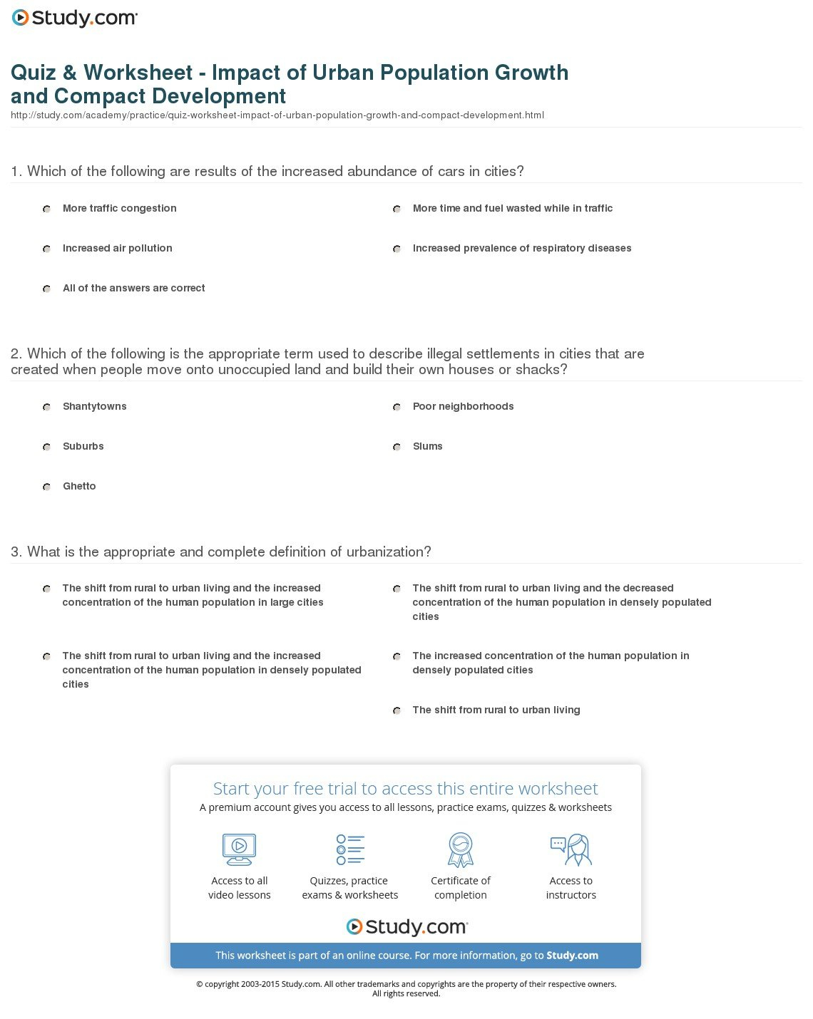 Quiz  Worksheet  Impact Of Urban Population Growth And Compact For Urbanization Problems And Solutions Worksheet Answers