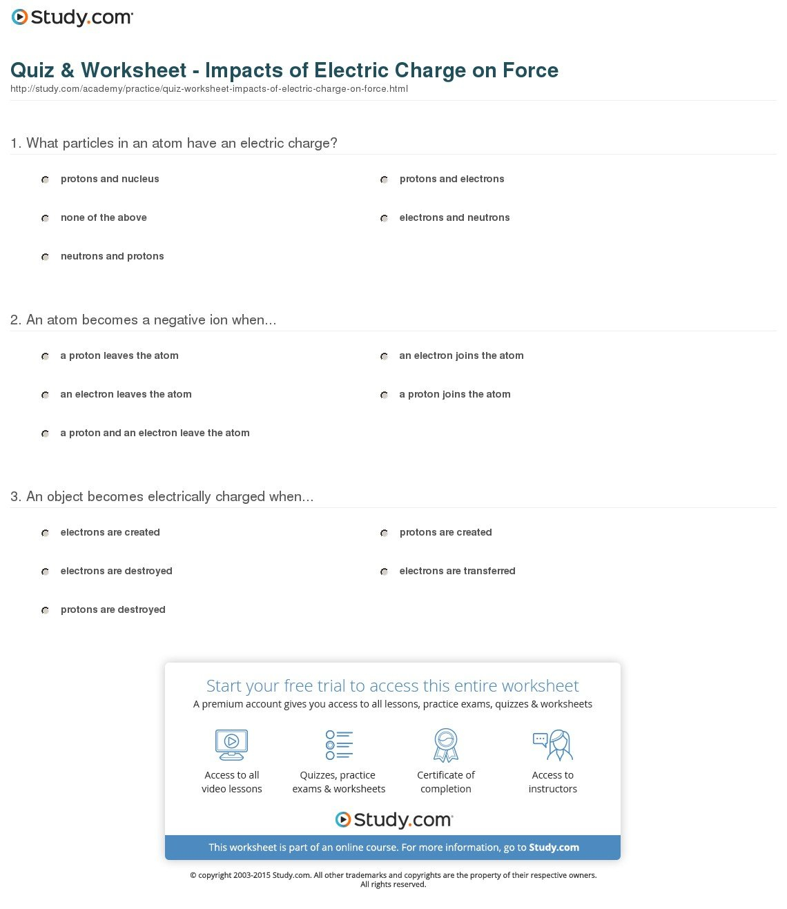 Quiz  Worksheet  Impacts Of Electric Charge On Force  Study For Charge And Electricity Worksheet Answers