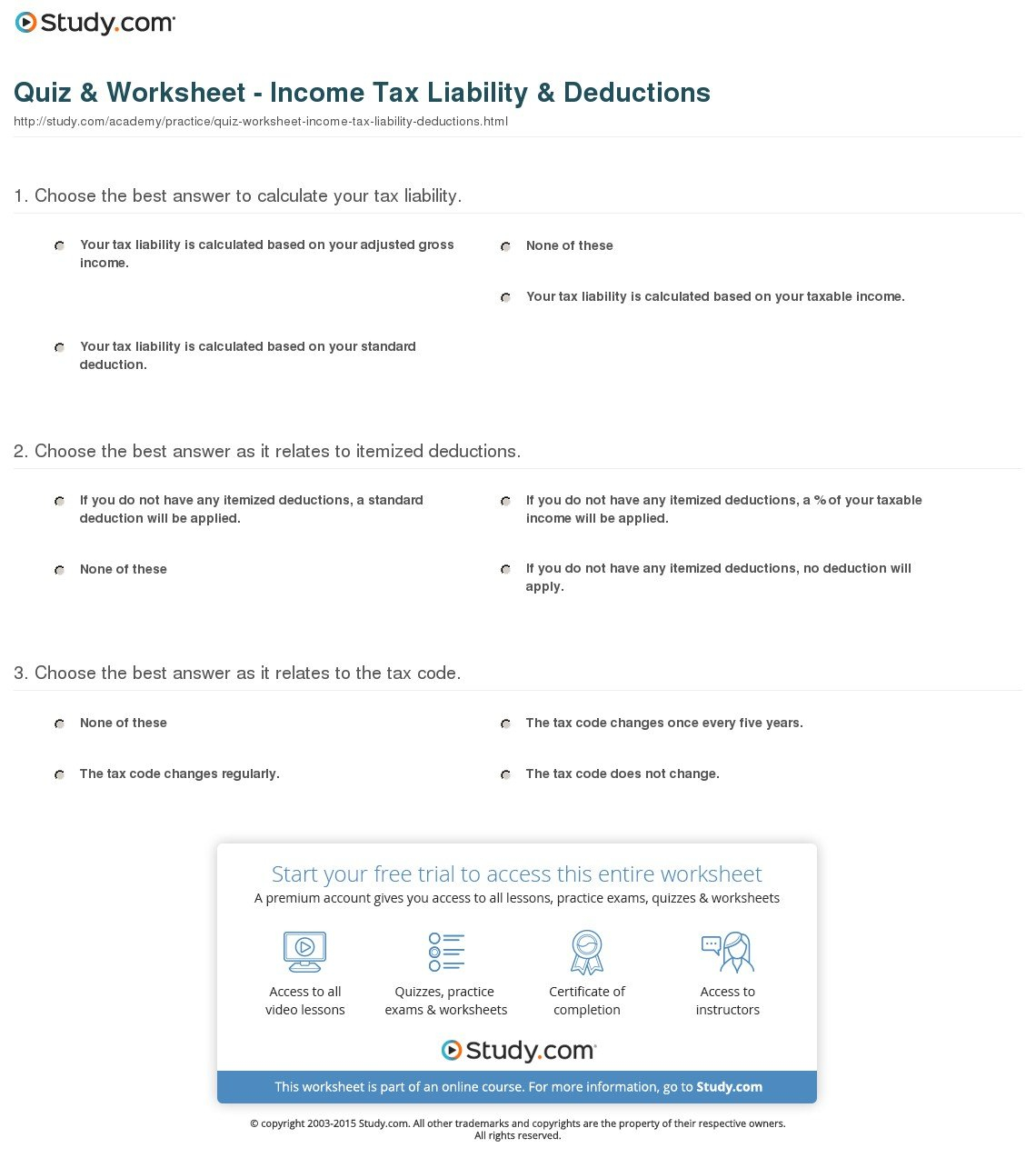 Quiz  Worksheet  Income Tax Liability  Deductions  Study Also Income Tax Worksheets
