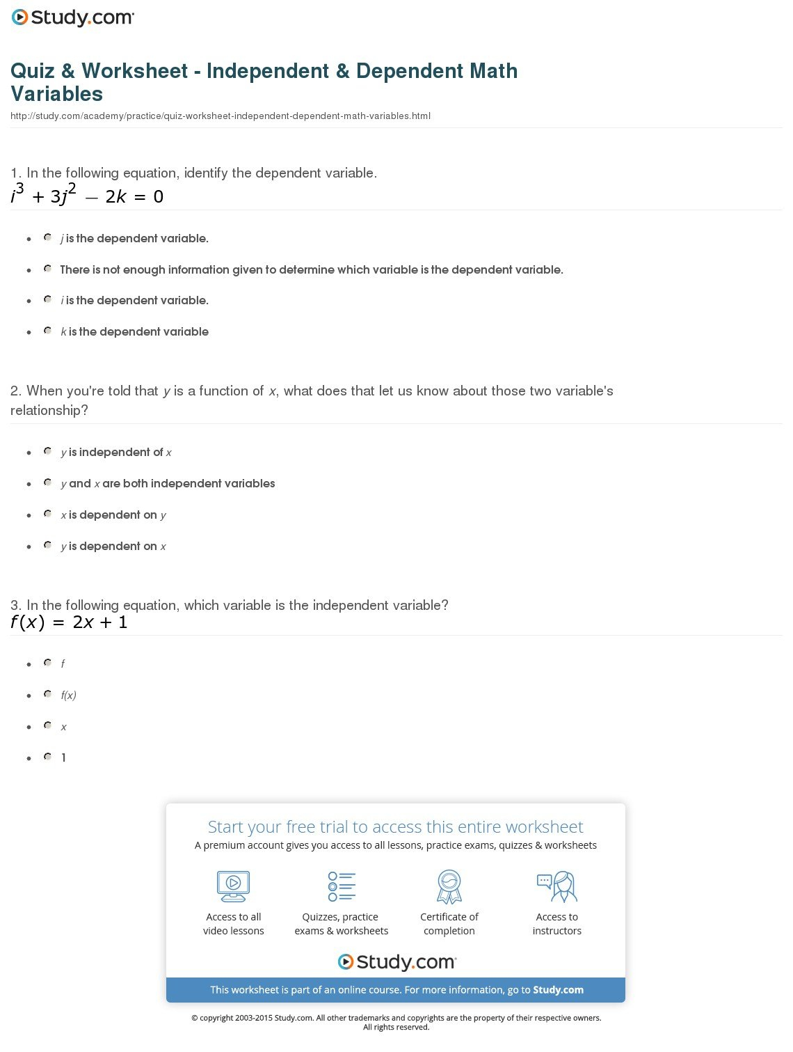 Quiz  Worksheet  Independent  Dependent Math Variables  Study For Independent Dependent Variable Worksheet