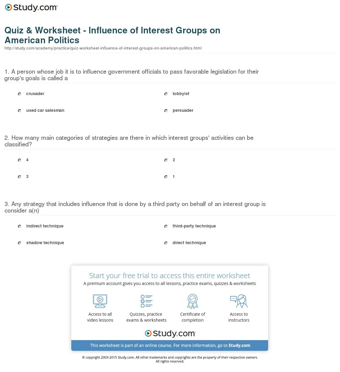 Quiz  Worksheet  Influence Of Interest Groups On American Politics With Regard To Interest Groups Worksheet Answer Key