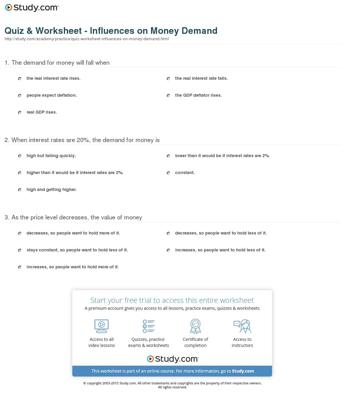 Quiz  Worksheet  Influences On Money Demand  Study With Regard To Demand Worksheet Economics Answers
