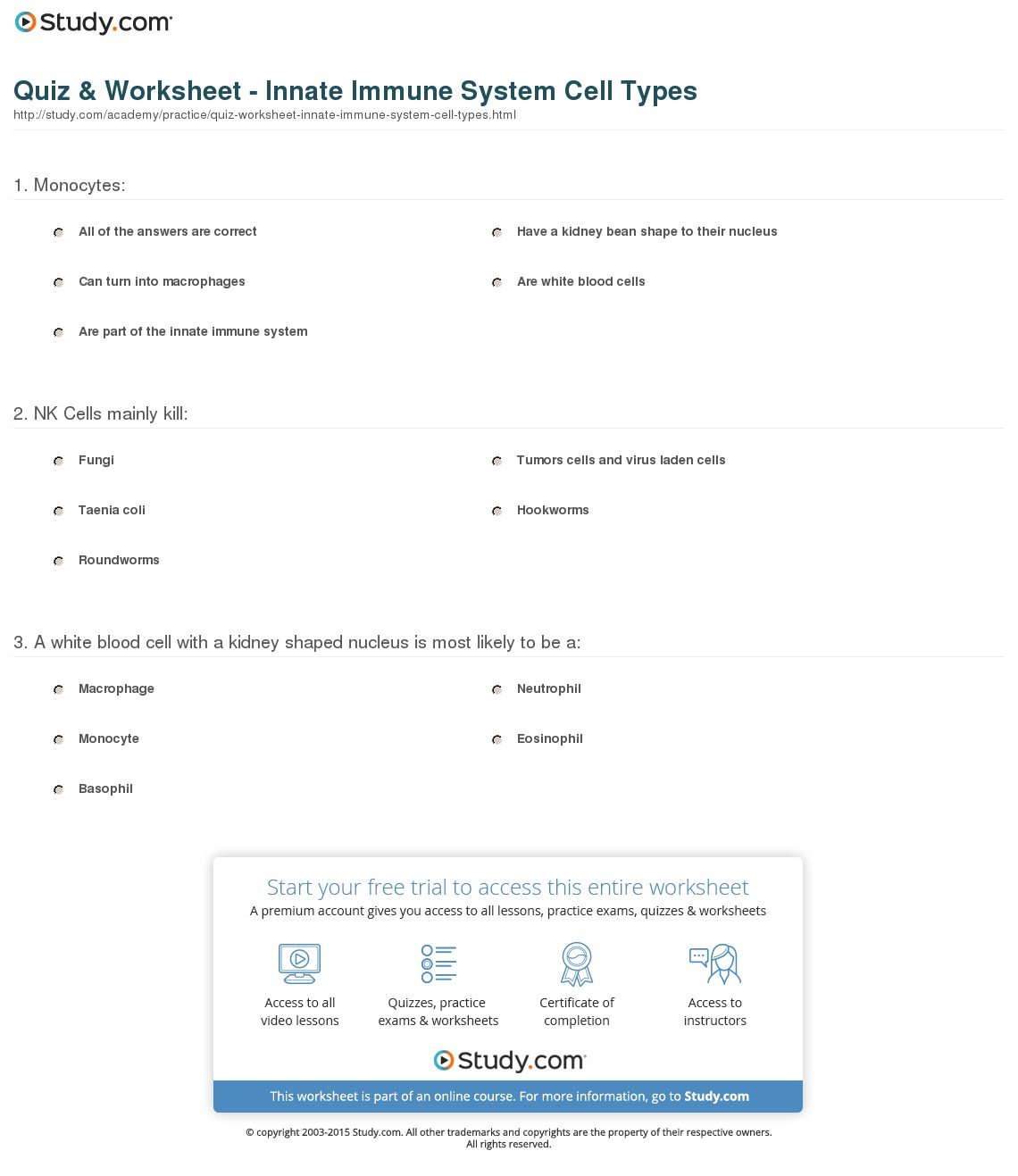 Quiz  Worksheet  Innate Immune System Cell Types  Study For Cells Of The Immune System Student Worksheet