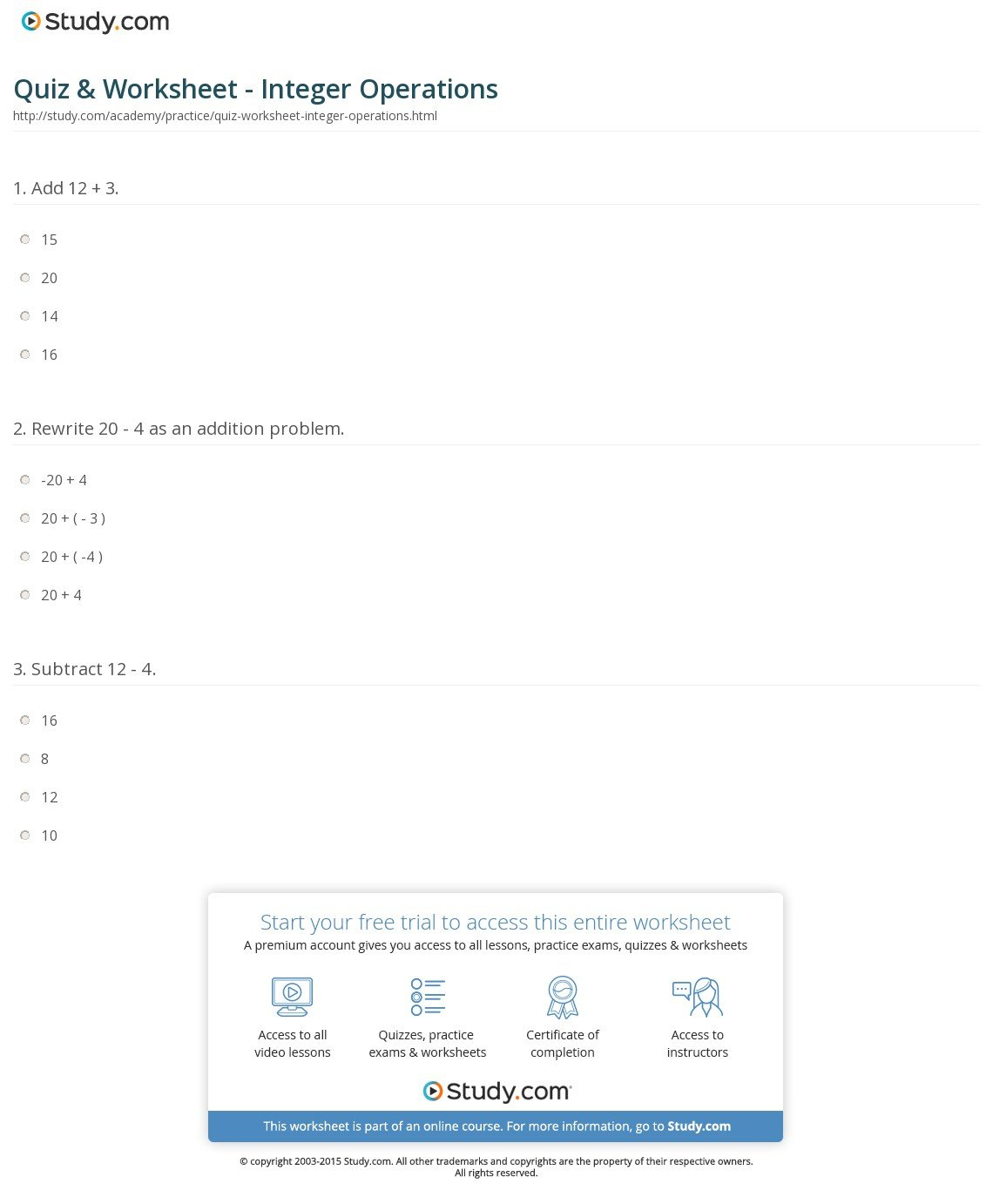 Quiz  Worksheet  Integer Operations  Study For Operations With Integers Worksheet