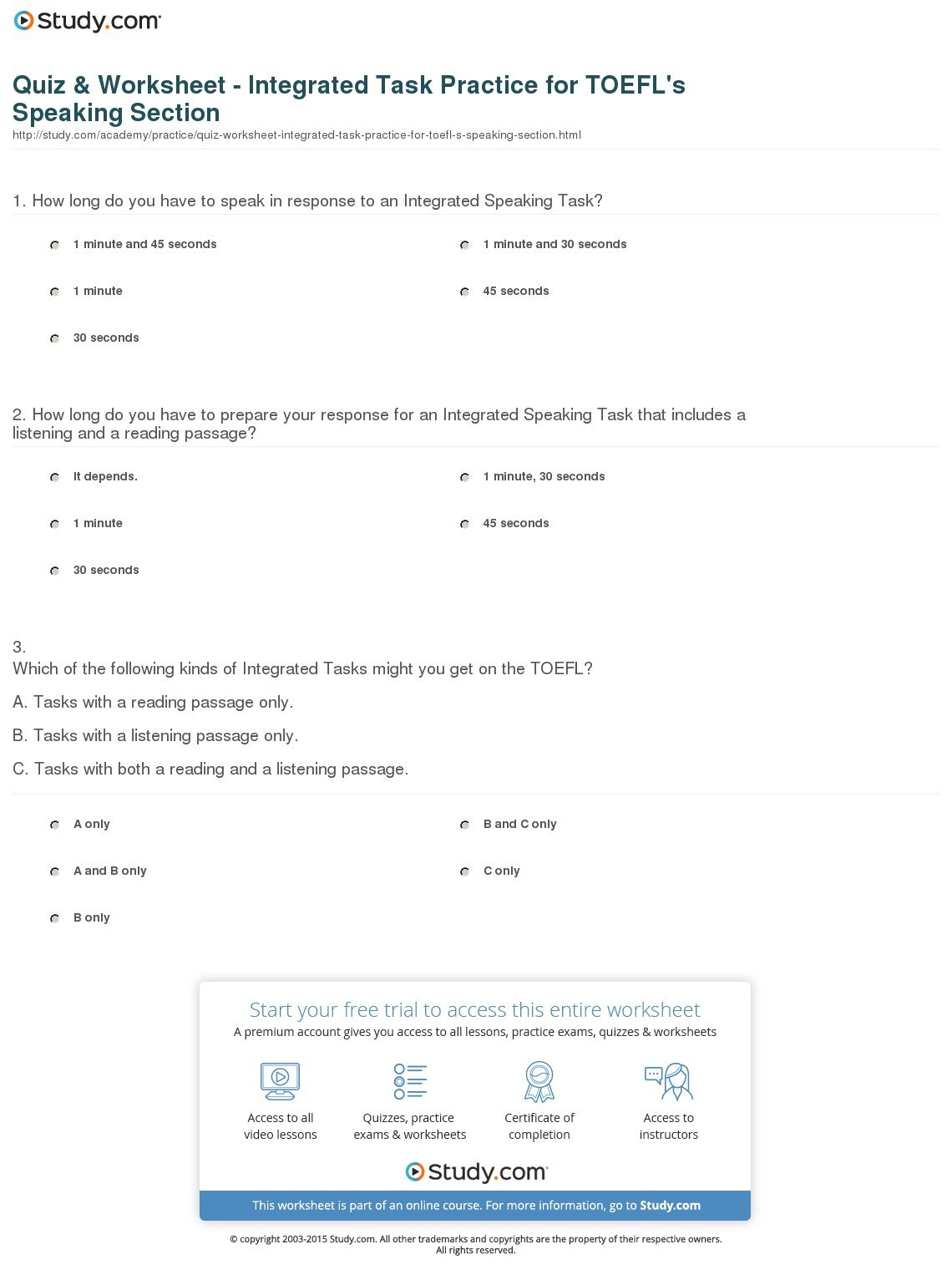 Quiz  Worksheet  Integrated Task Practice For Toefl's Speaking In Staying On Task Worksheets