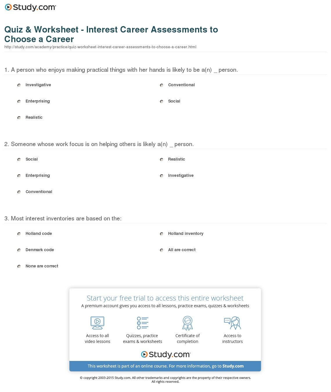 Quiz  Worksheet  Interest Career Assessments To Choose A Career Inside Career Interest Worksheet