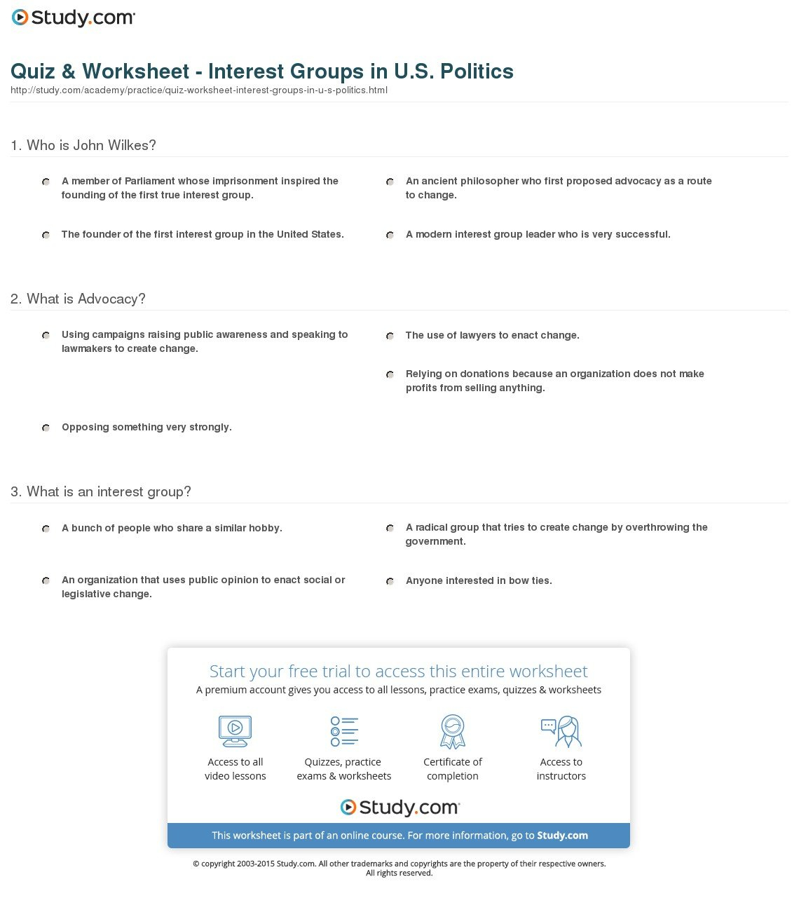 Quiz  Worksheet  Interest Groups In Us Politics  Study Pertaining To Interest Groups Worksheet Answers