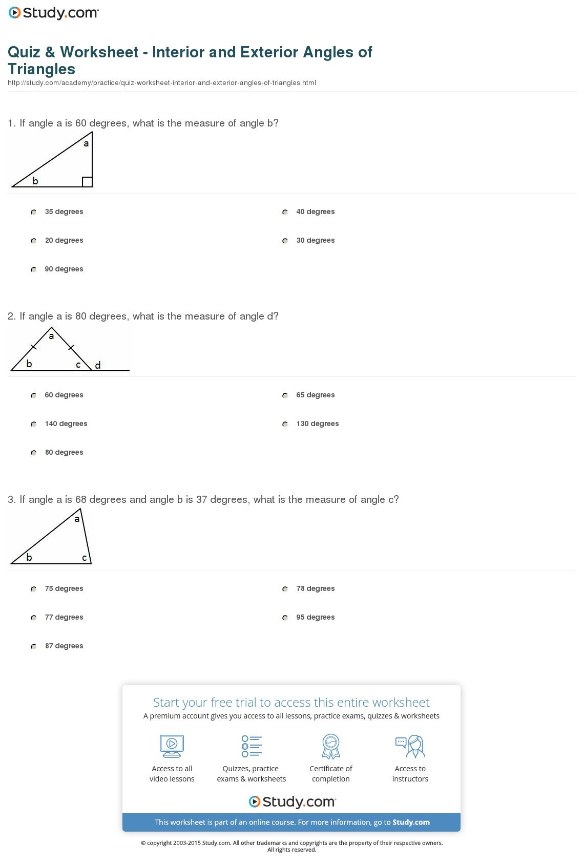 Quiz  Worksheet  Interior And Exterior Angles Of Triangles  Study Intended For Interior Angles Worksheet