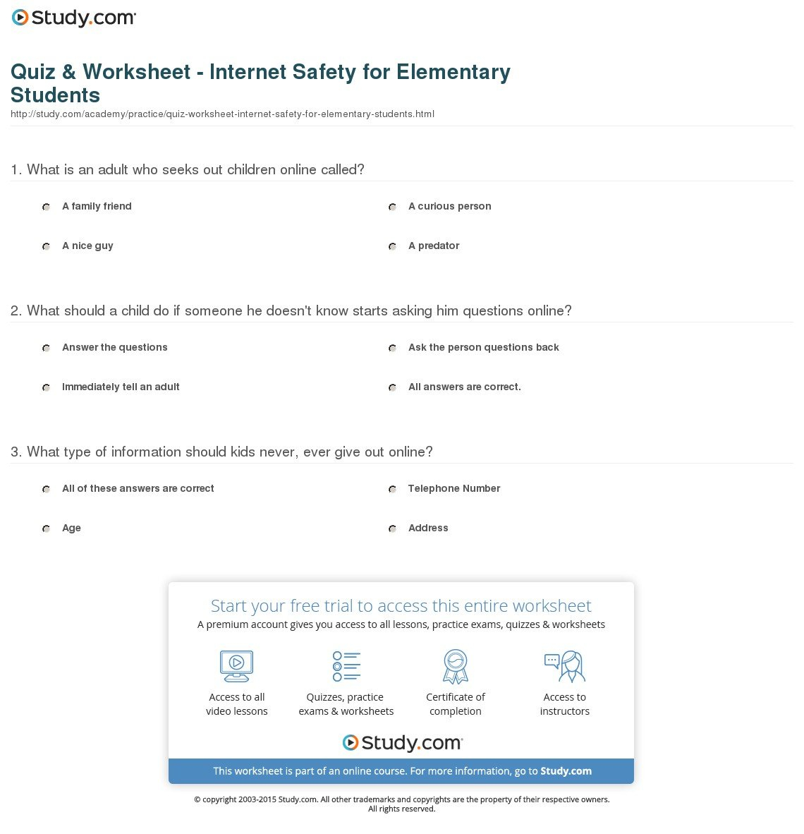 Quiz  Worksheet  Internet Safety For Elementary Students  Study Together With Internet Safety Worksheets For Elementary Students