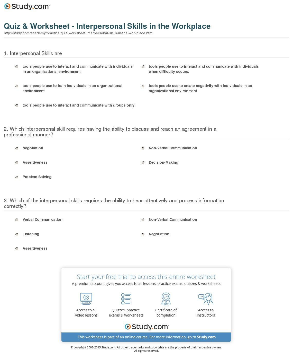 Quiz  Worksheet  Interpersonal Skills In The Workplace  Study In Soft Skills Worksheets