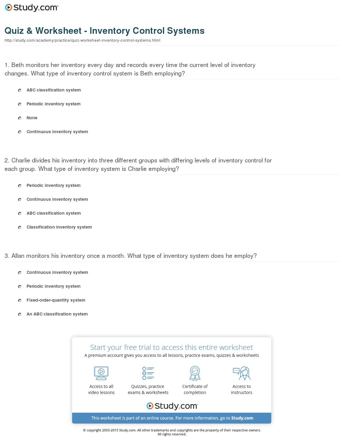 Quiz  Worksheet  Inventory Control Systems  Study Intended For Inventory Control Worksheet