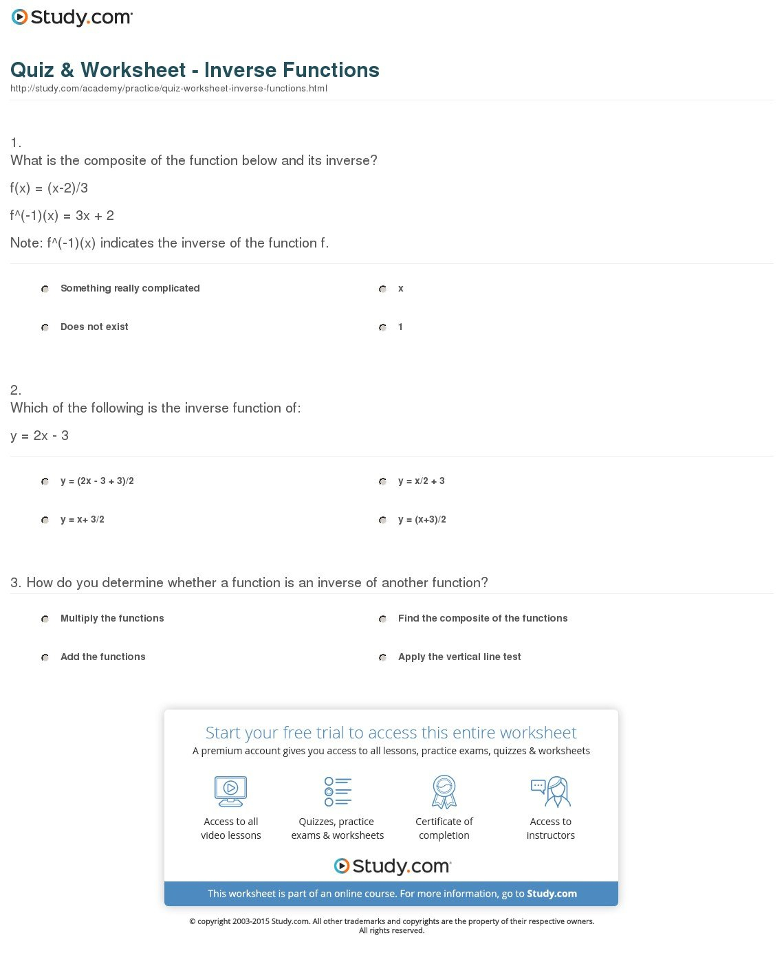 Quiz  Worksheet  Inverse Functions  Study As Well As Inverse Function Word Problems Worksheet