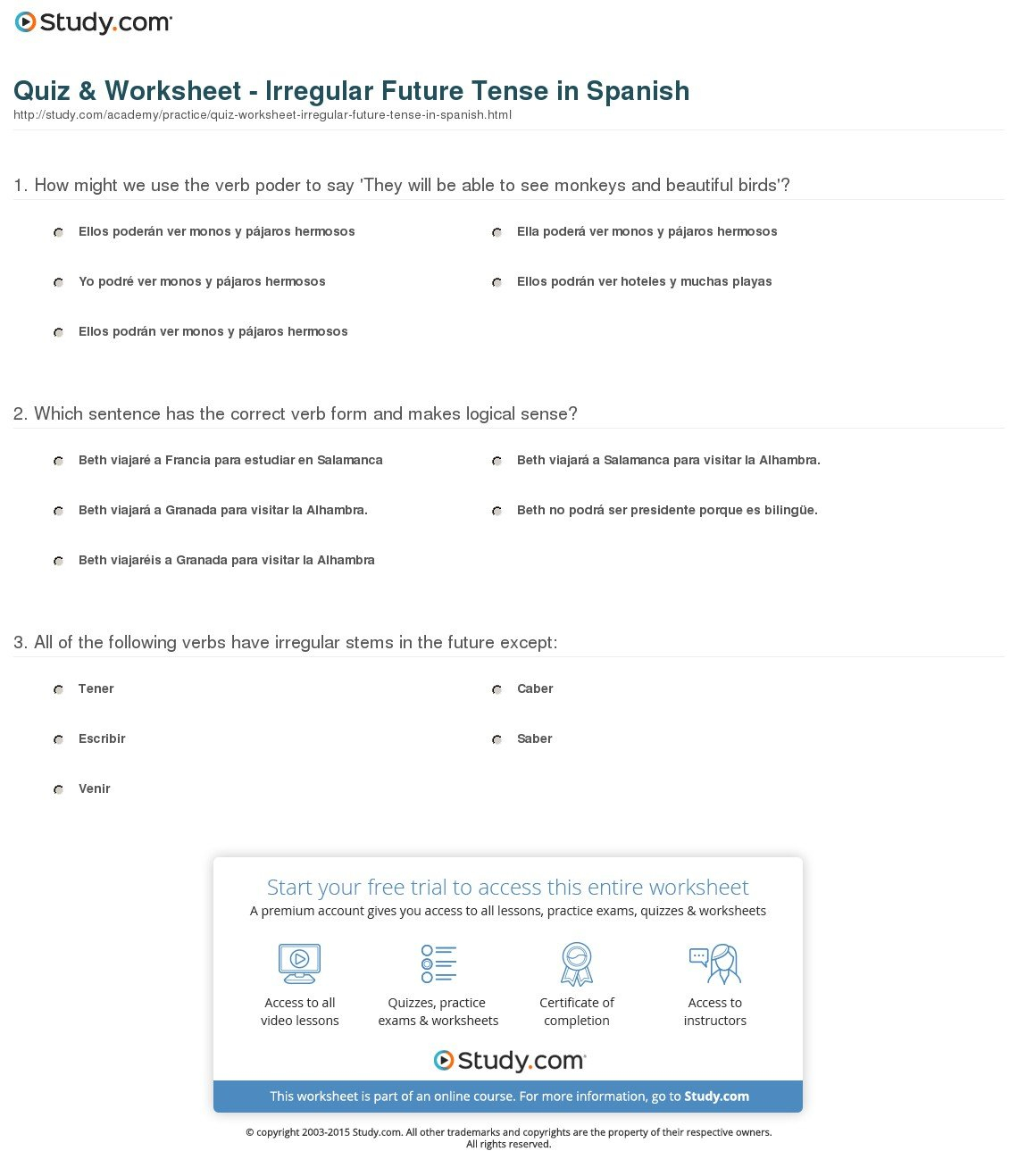 Quiz  Worksheet  Irregular Future Tense In Spanish  Study Intended For Future Tense Spanish Worksheet