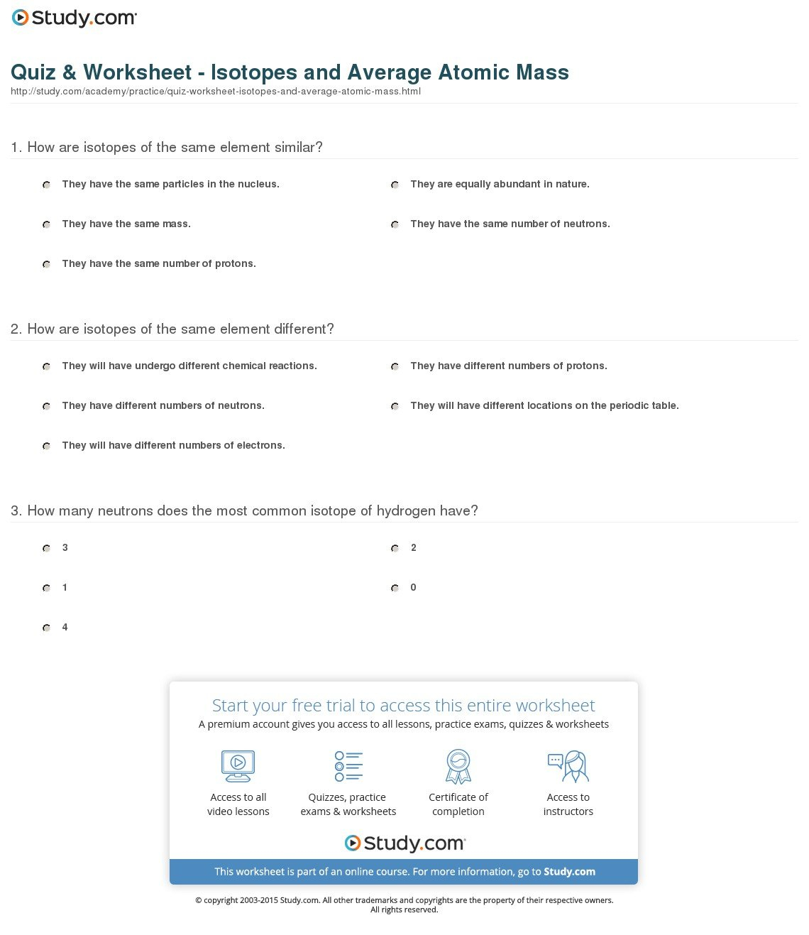 Quiz  Worksheet  Isotopes And Average Atomic Mass  Study As Well As Most Common Isotope Worksheet 1