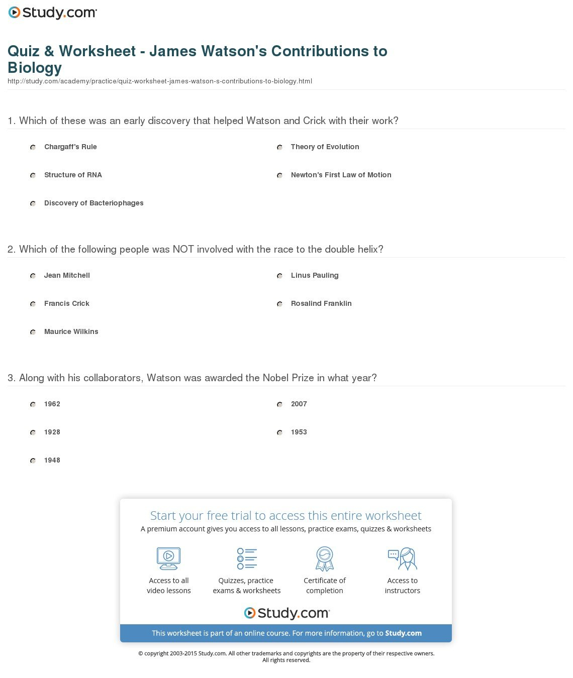 Quiz  Worksheet  James Watson's Contributions To Biology  Study Also Race For The Double Helix Worksheet Answers