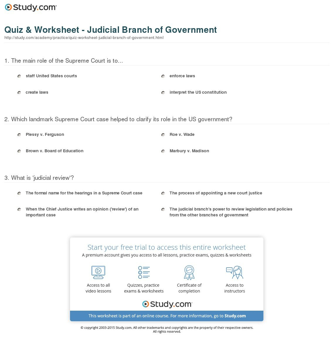 Quiz  Worksheet  Judicial Branch Of Government  Study For Judicial Branch Worksheet Answers