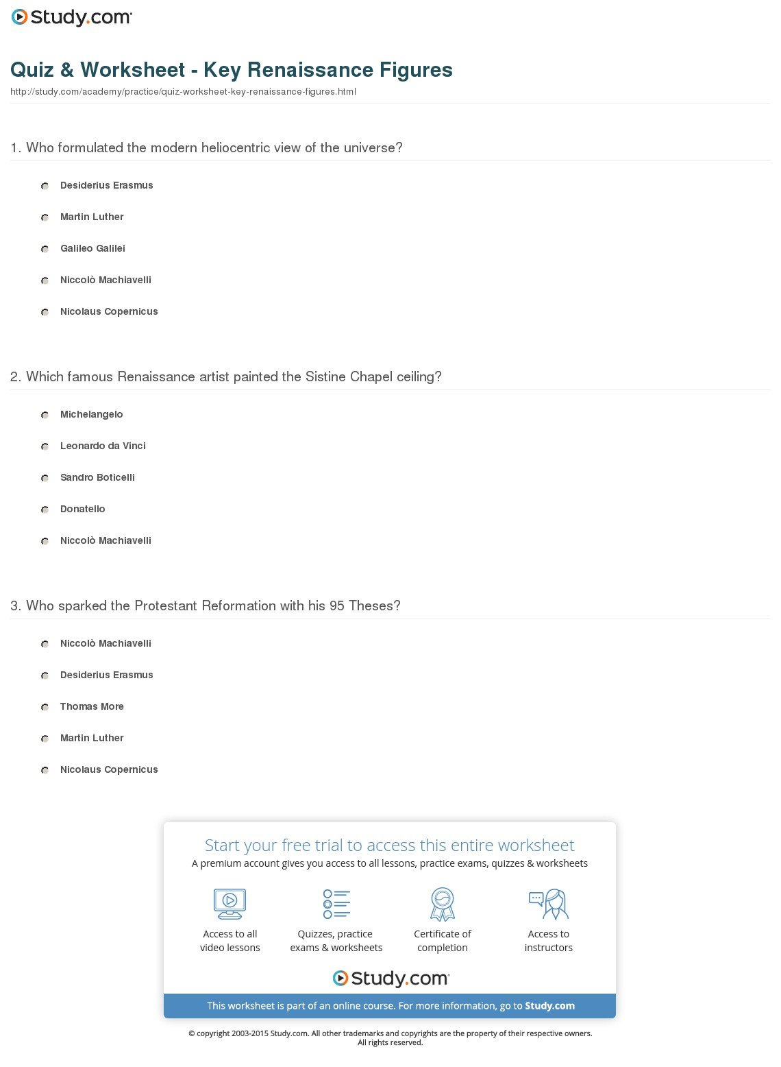Quiz  Worksheet  Key Renaissance Figures  Study For The Renaissance In Europe Worksheet Answers
