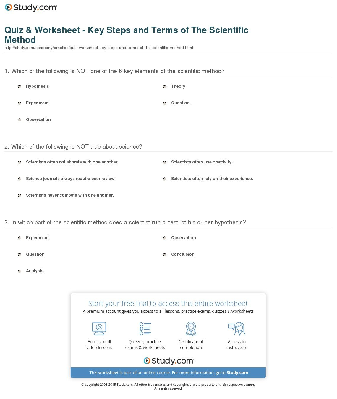 Quiz  Worksheet  Key Steps And Terms Of The Scientific Method Or Scientific Method Practice Worksheet