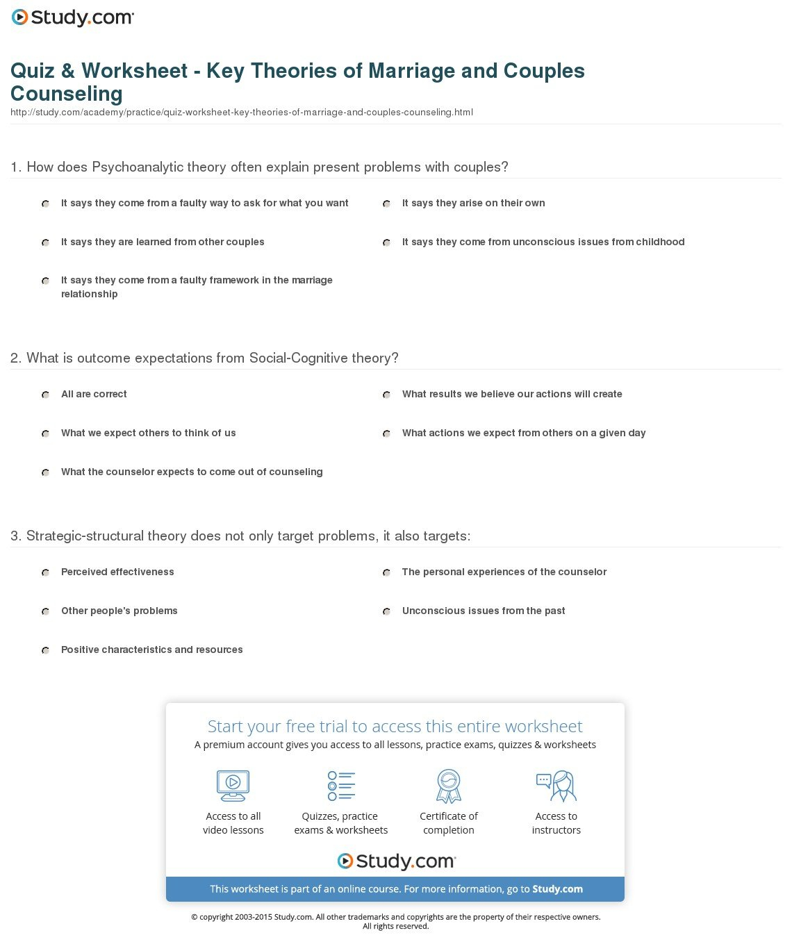 Quiz  Worksheet  Key Theories Of Marriage And Couples Counseling In Marriage Counseling Worksheets