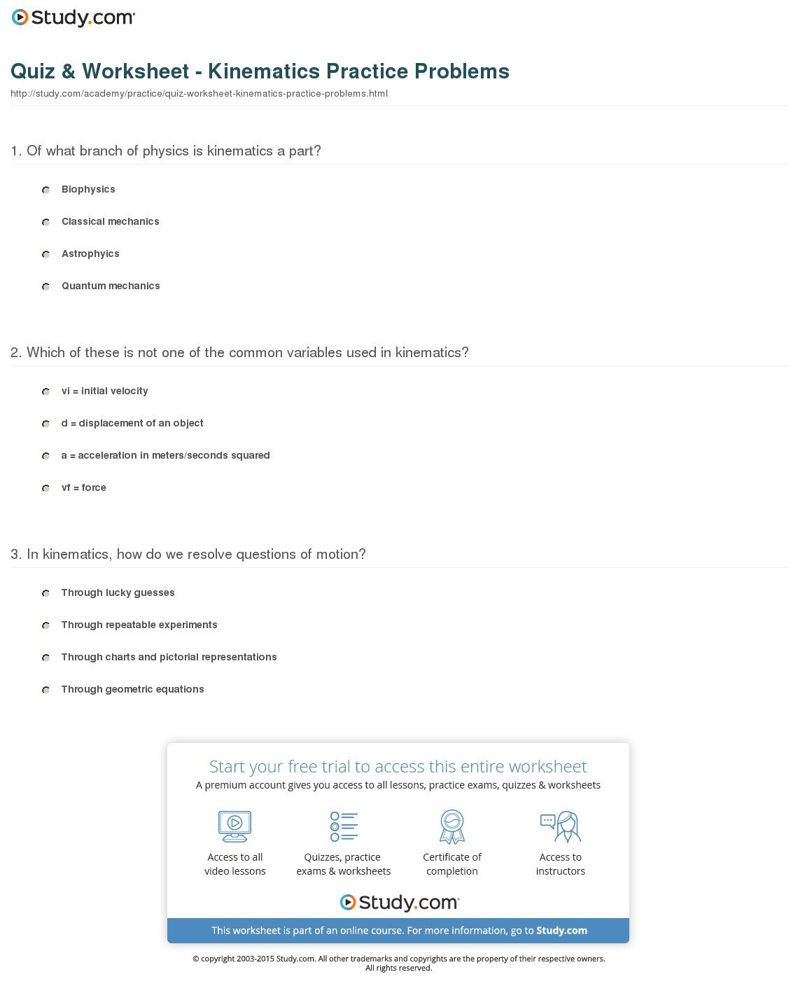 Quiz  Worksheet  Kinematics Practice Problems  Study Along With Kinematics Worksheet With Answers