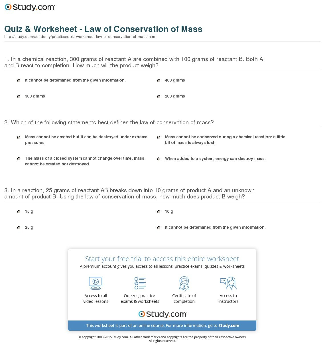 Quiz  Worksheet  Law Of Conservation Of Mass  Study Also Conservation Of Mass Worksheet