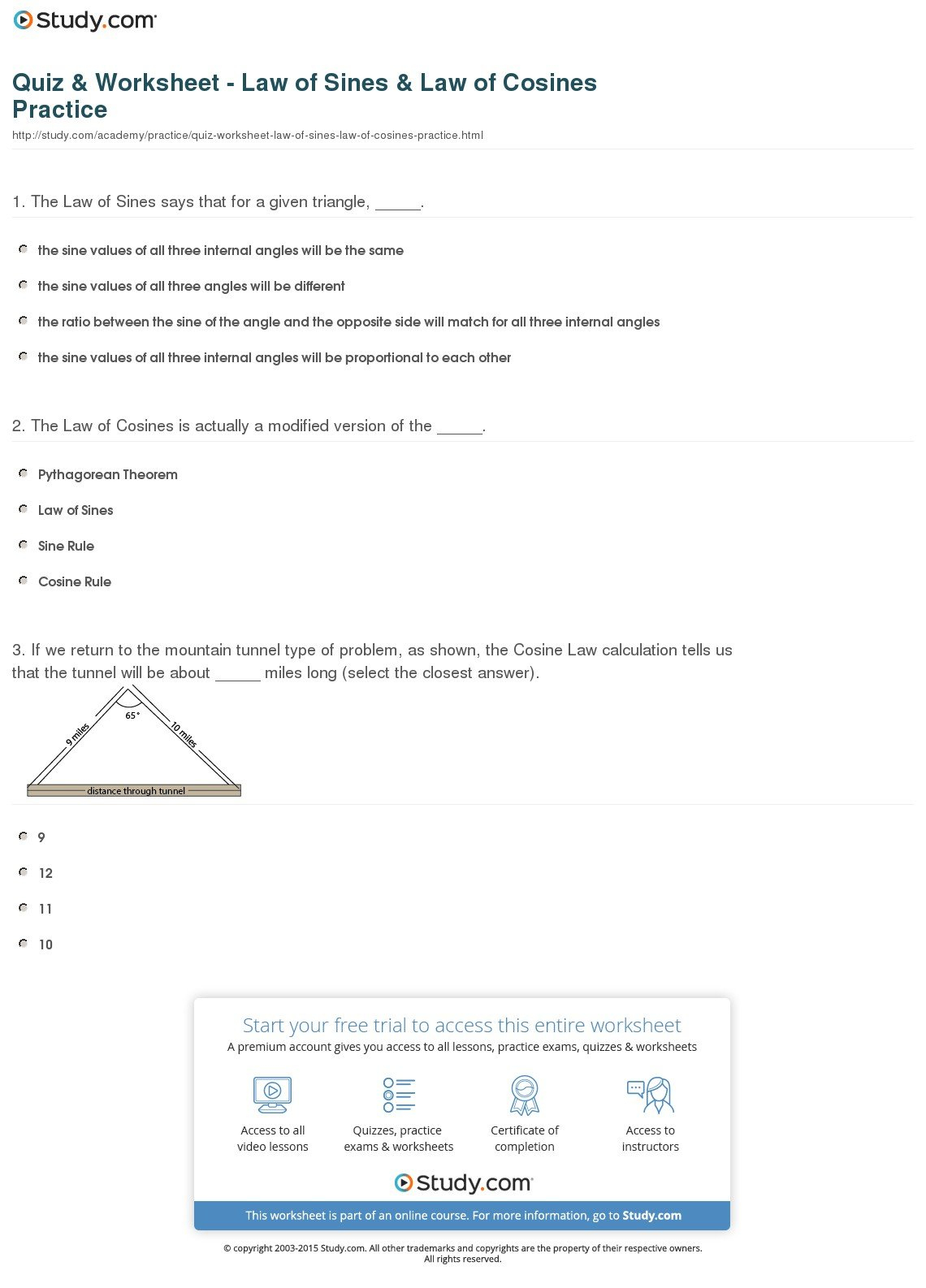 Quiz  Worksheet  Law Of Sines  Law Of Cosines Practice  Study With The Law Of Sines Worksheet Answers