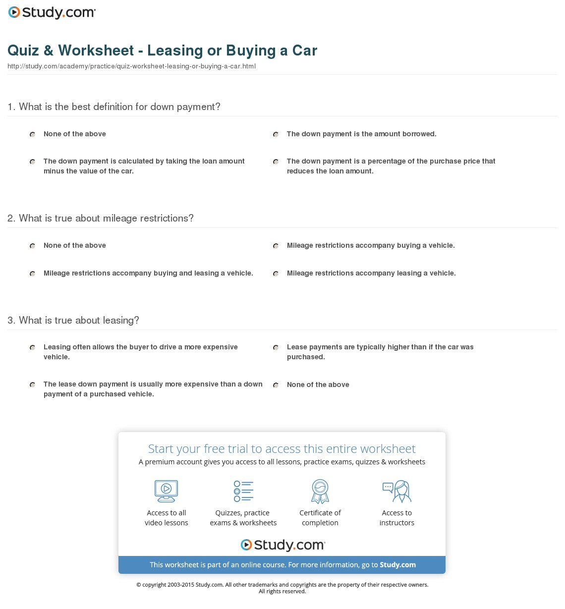 Quiz  Worksheet  Leasing Or Buying A Car  Study Or Owning A Car Math Worksheet Version 1 Answers