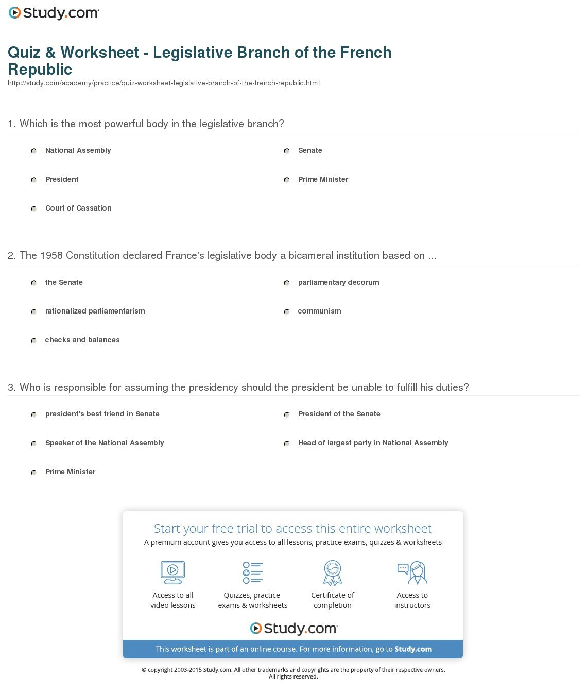 Quiz  Worksheet  Legislative Branch Of The French Republic  Study Within The Senate Worksheet Answers