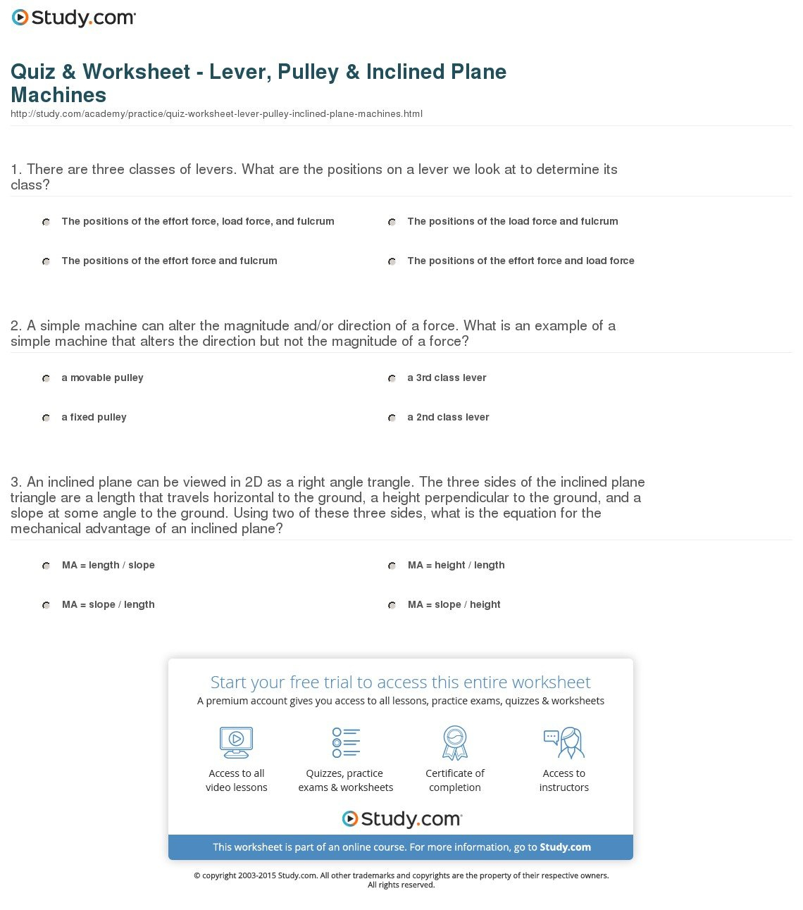 Quiz  Worksheet  Lever Pulley  Inclined Plane Machines  Study For Simple Machines Worksheet Middle School