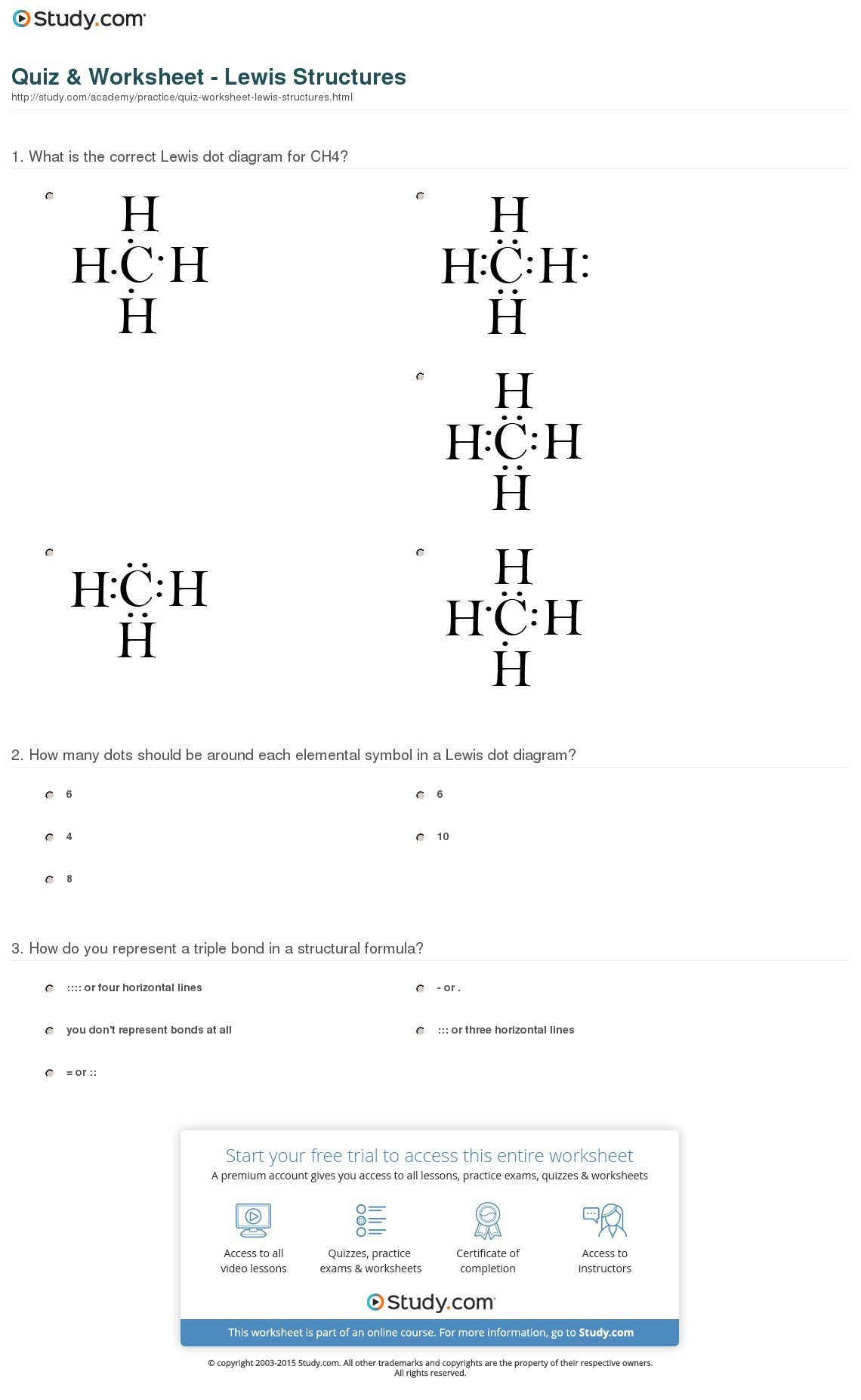 Quiz  Worksheet  Lewis Structures  Study Along With Lewis Structure Worksheet With Answers