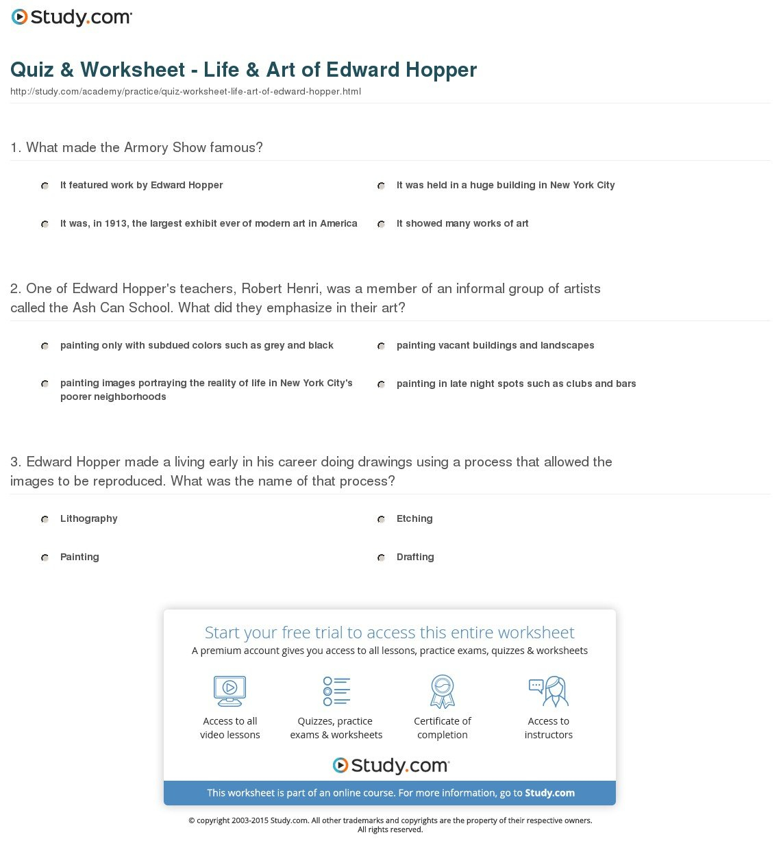 Quiz  Worksheet  Life  Art Of Edward Hopper  Study Inside Scholastic Art Worksheet Answers