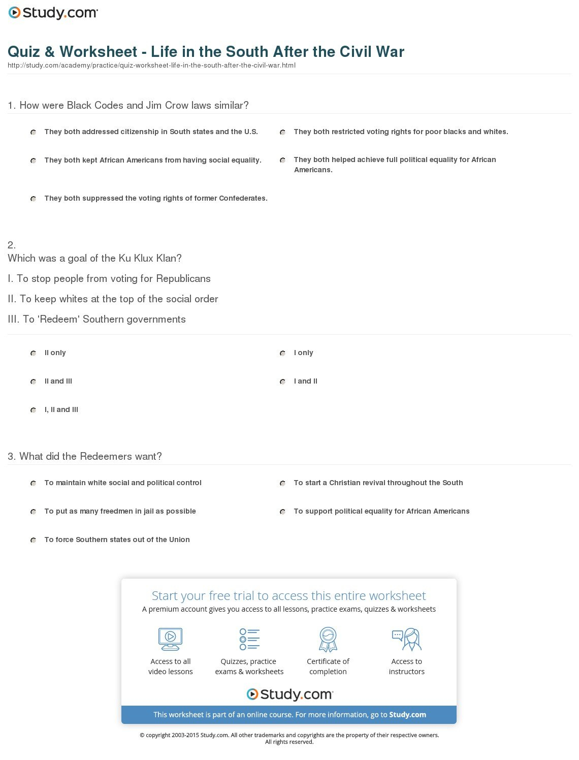 Quiz  Worksheet  Life In The South After The Civil War  Study Within Social Studies Civil War Worksheets