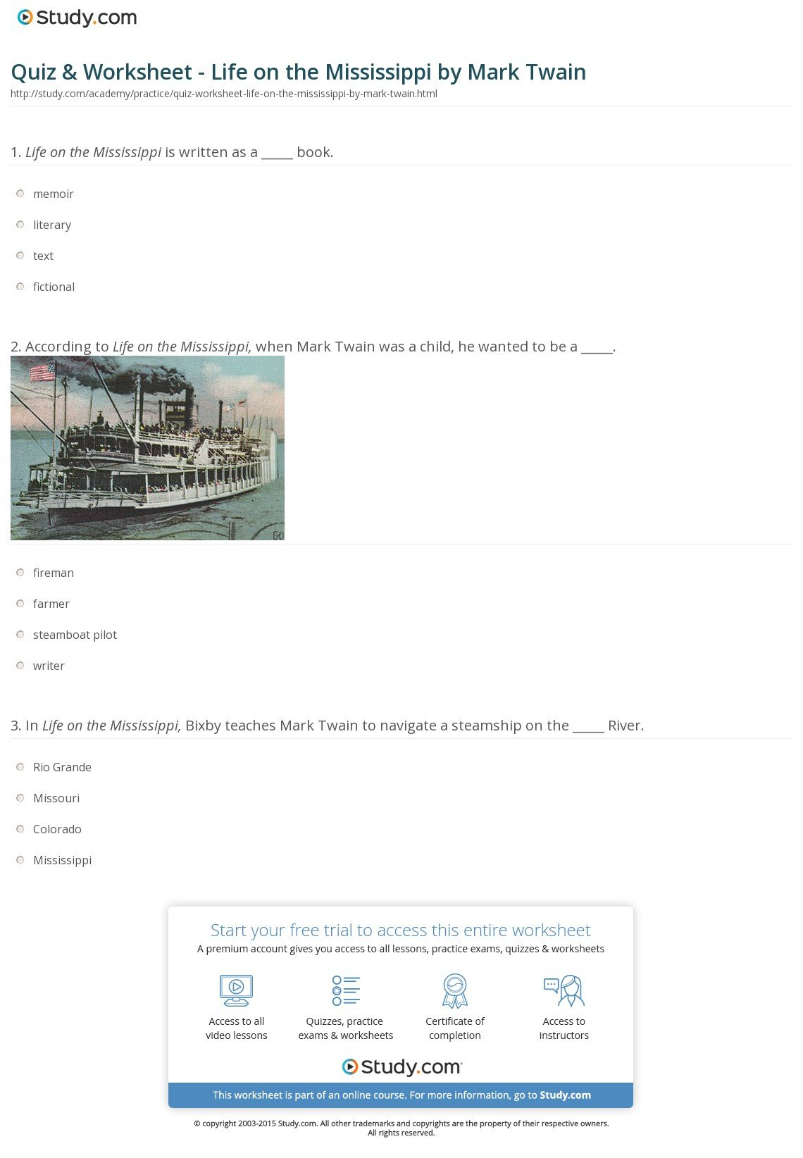 Quiz  Worksheet  Life On The Mississippimark Twain  Study Along With Mark Twain Worksheets