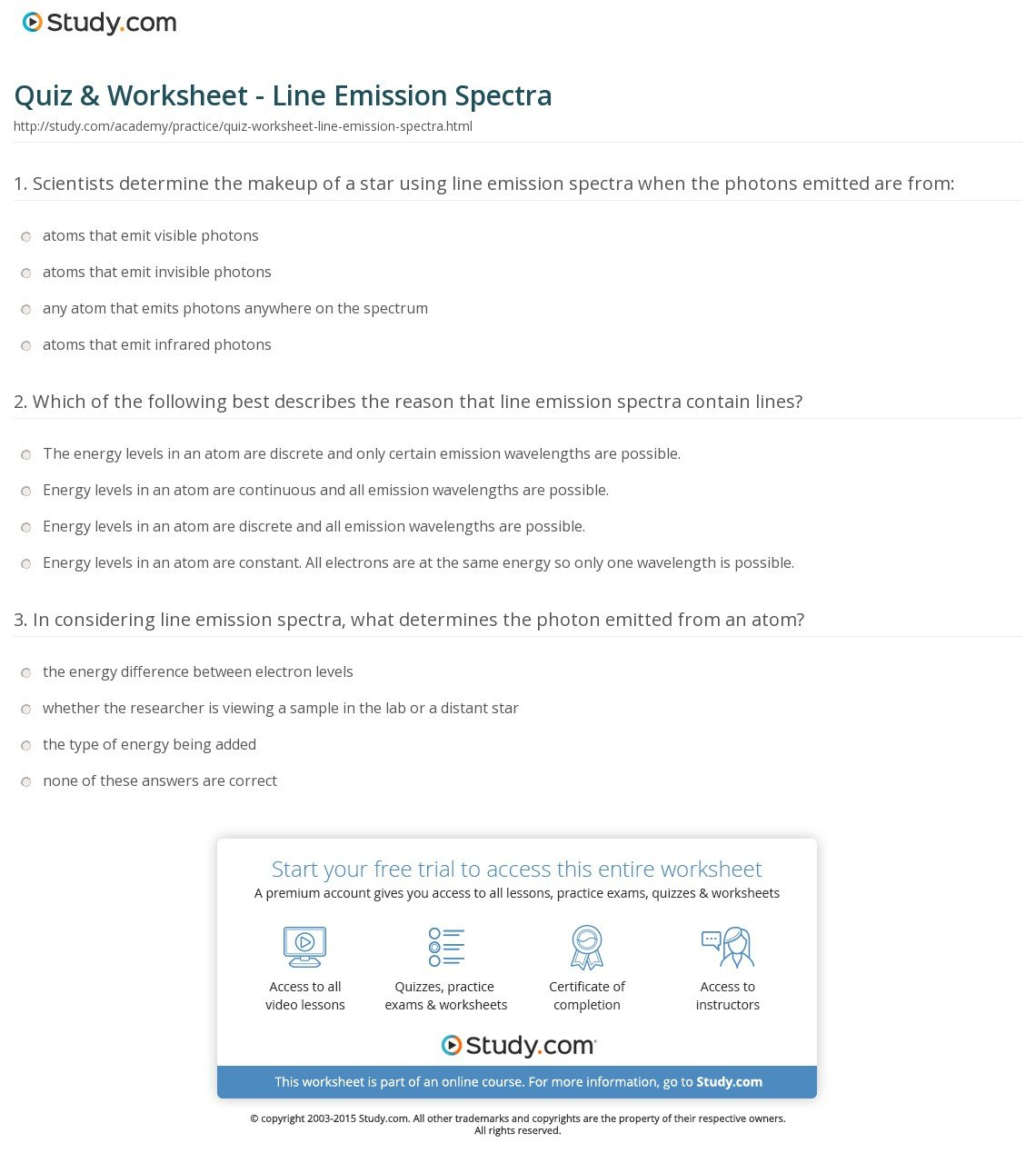Quiz  Worksheet  Line Emission Spectra  Study Along With Emission Spectra And Energy Levels Worksheet Answers