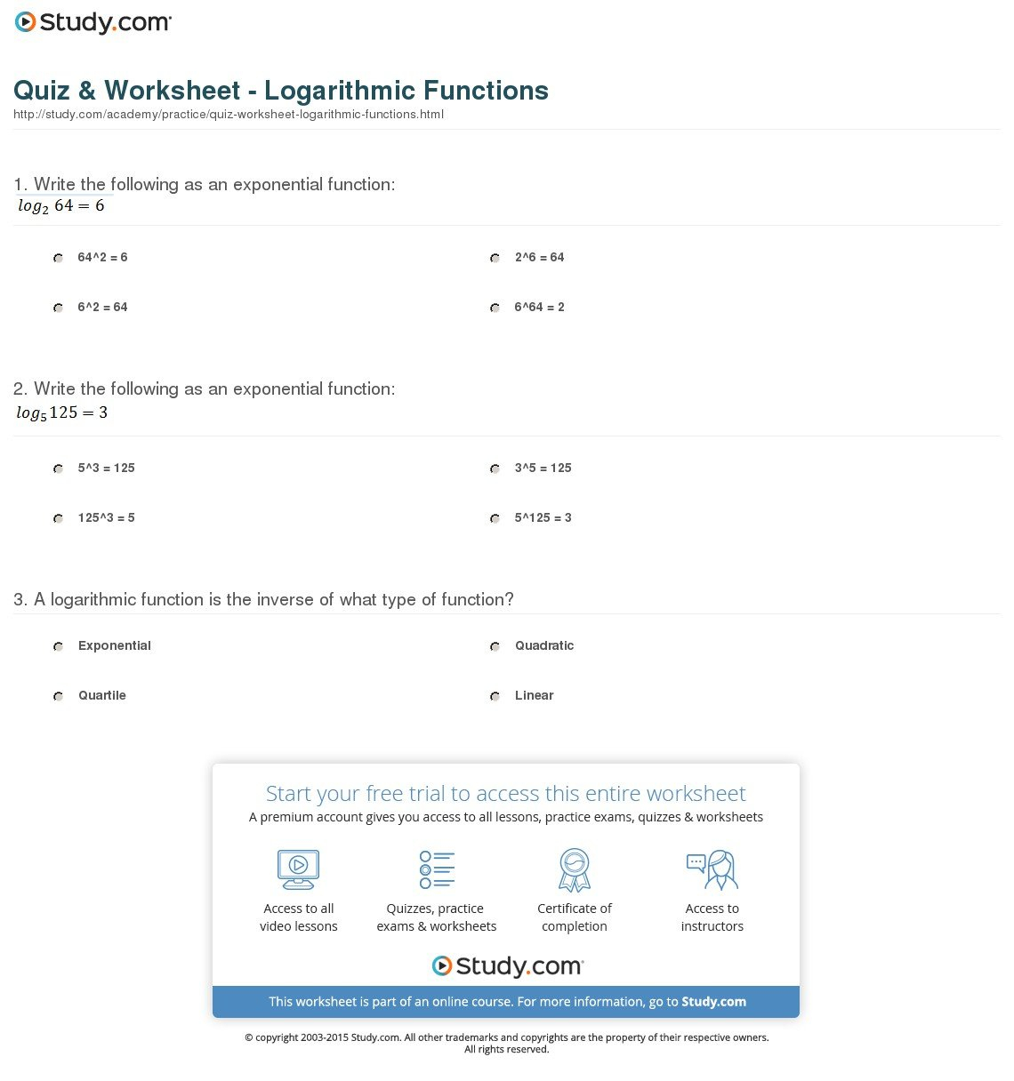Quiz  Worksheet  Logarithmic Functions  Study For Evaluating Logarithms Worksheet