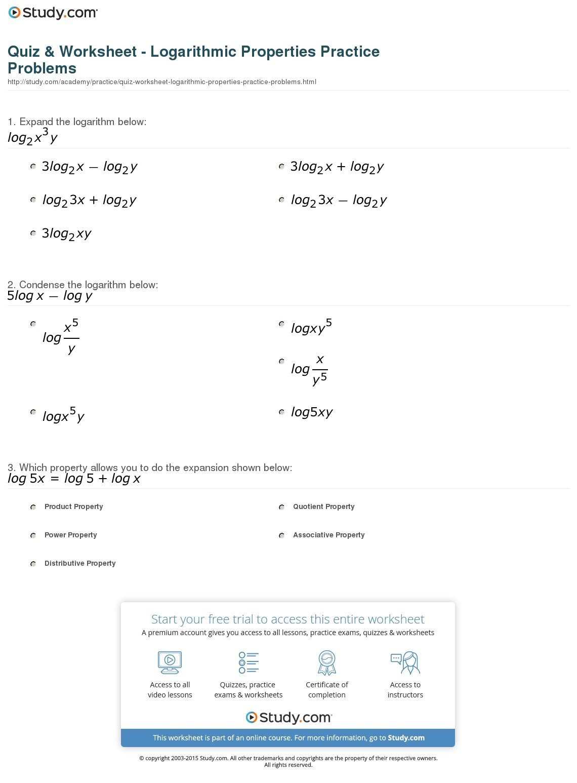 Quiz  Worksheet  Logarithmic Properties Practice Problems  Study As Well As Evaluating Logarithms Worksheet