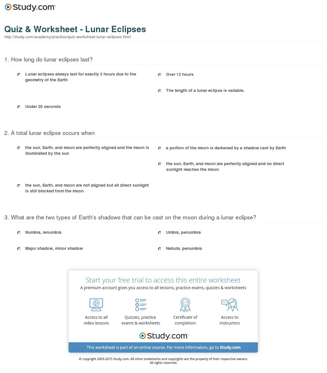 Quiz  Worksheet  Lunar Eclipses  Study Along With Eclipse Worksheet Answer Key
