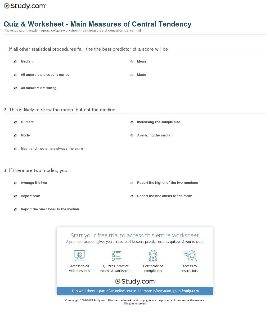 Quiz  Worksheet  Main Measures Of Central Tendency  Study Within Measures Of Central Tendency Worksheet With Answers