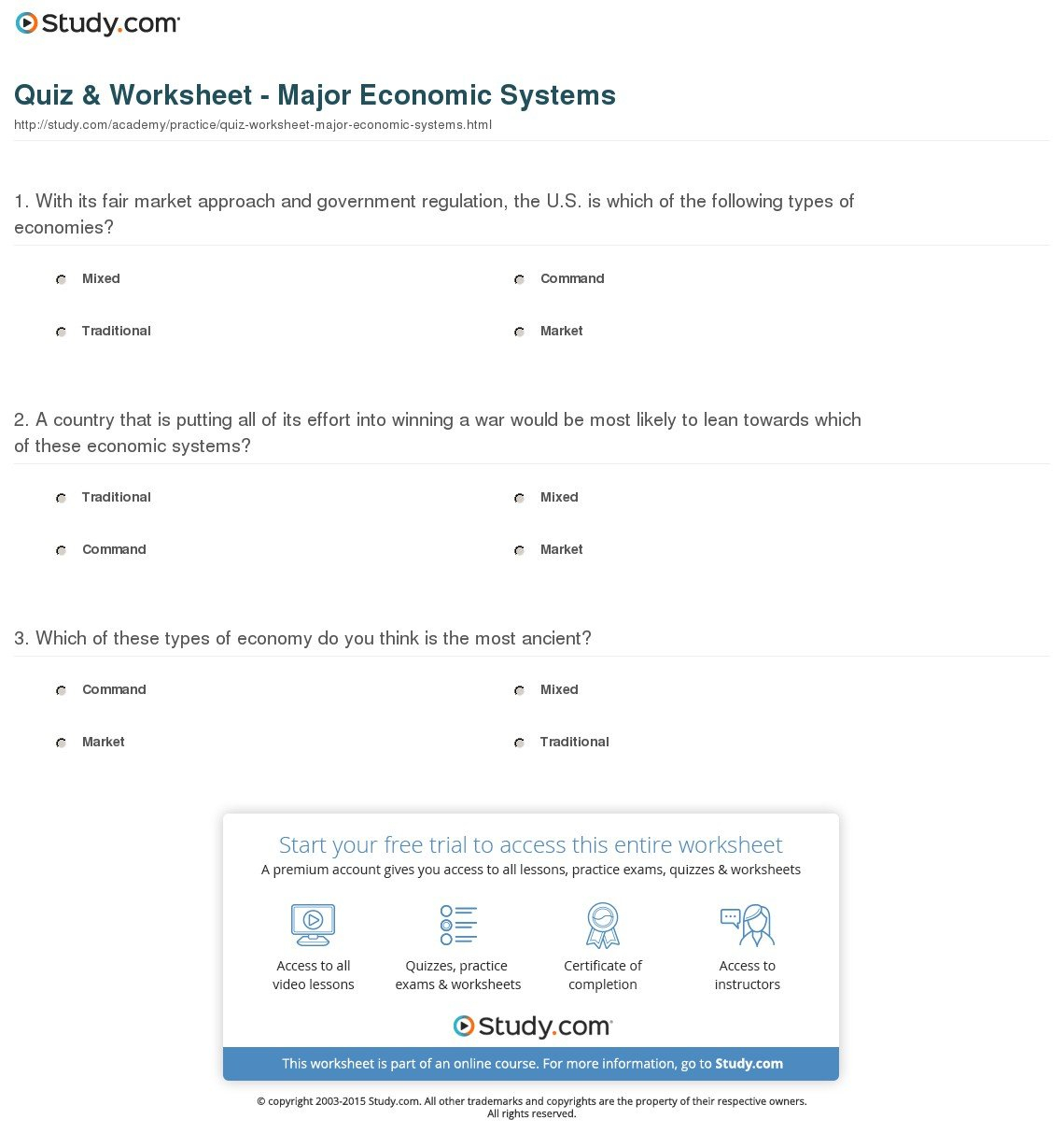 Quiz  Worksheet  Major Economic Systems  Study Together With Economic Systems Worksheet