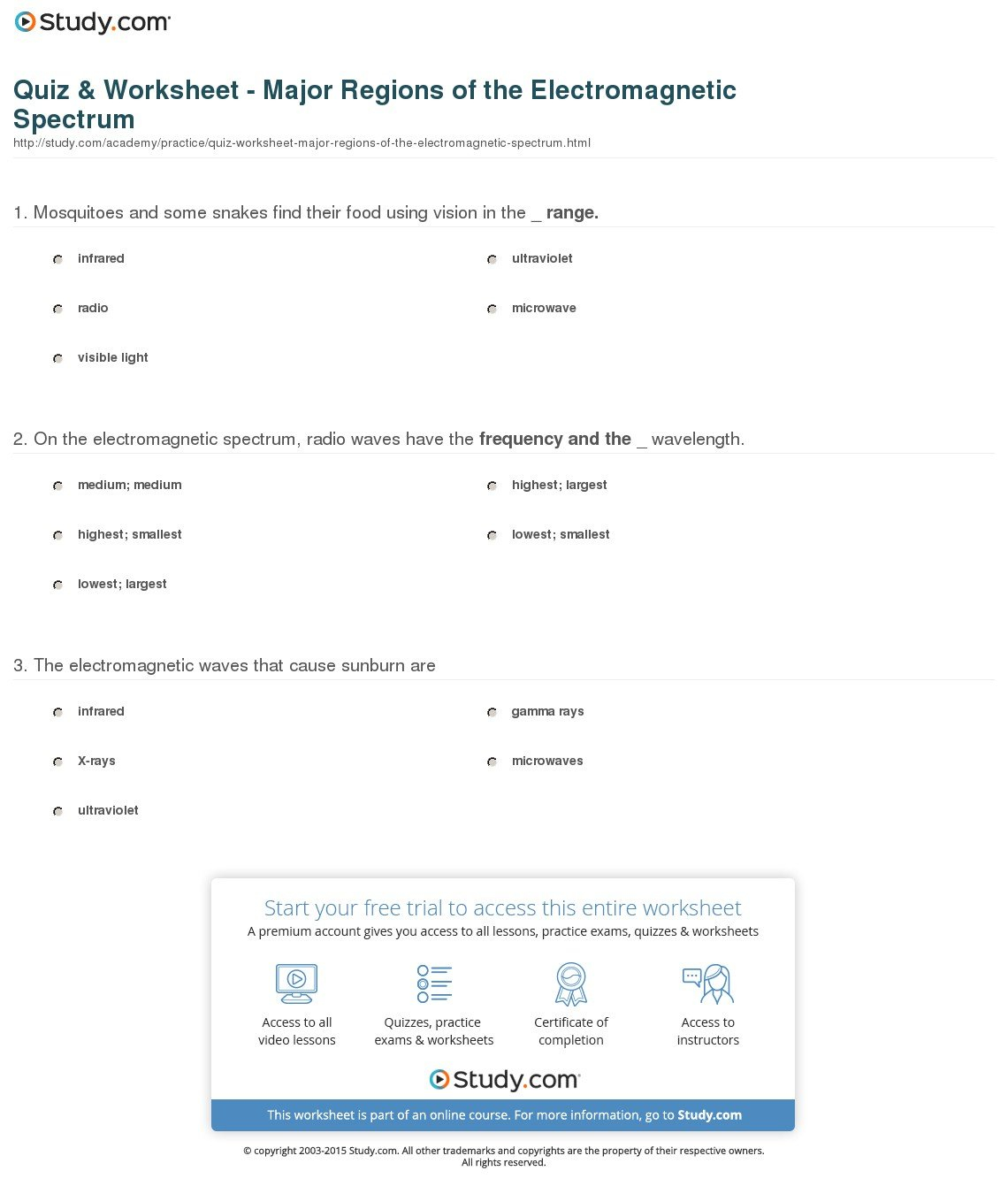 Quiz Worksheet Major Regions Of The Electromagnetic Spectrum with ...